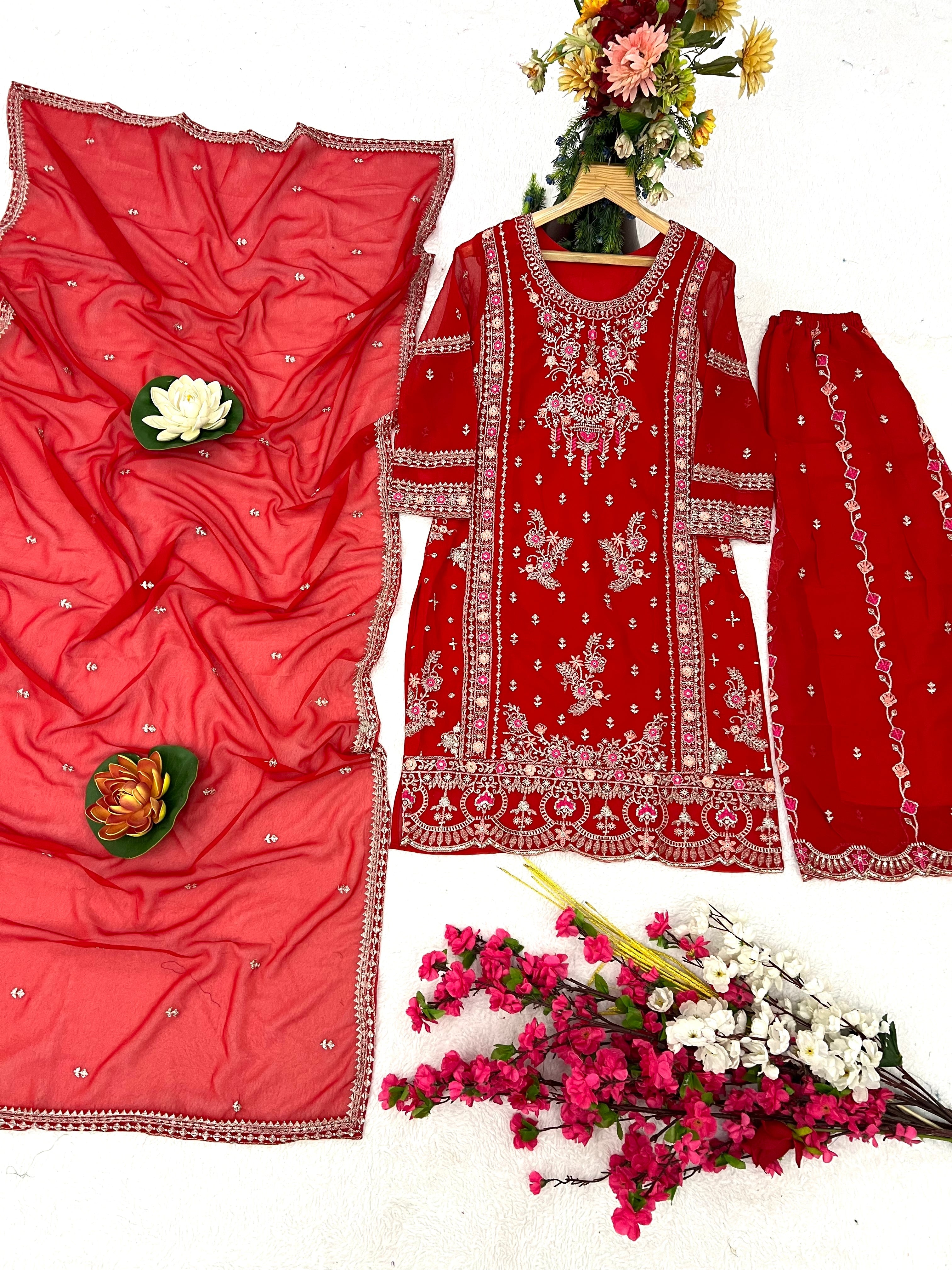 Party Wear Kurti Plazzo With Embroidery Work Lace On Border