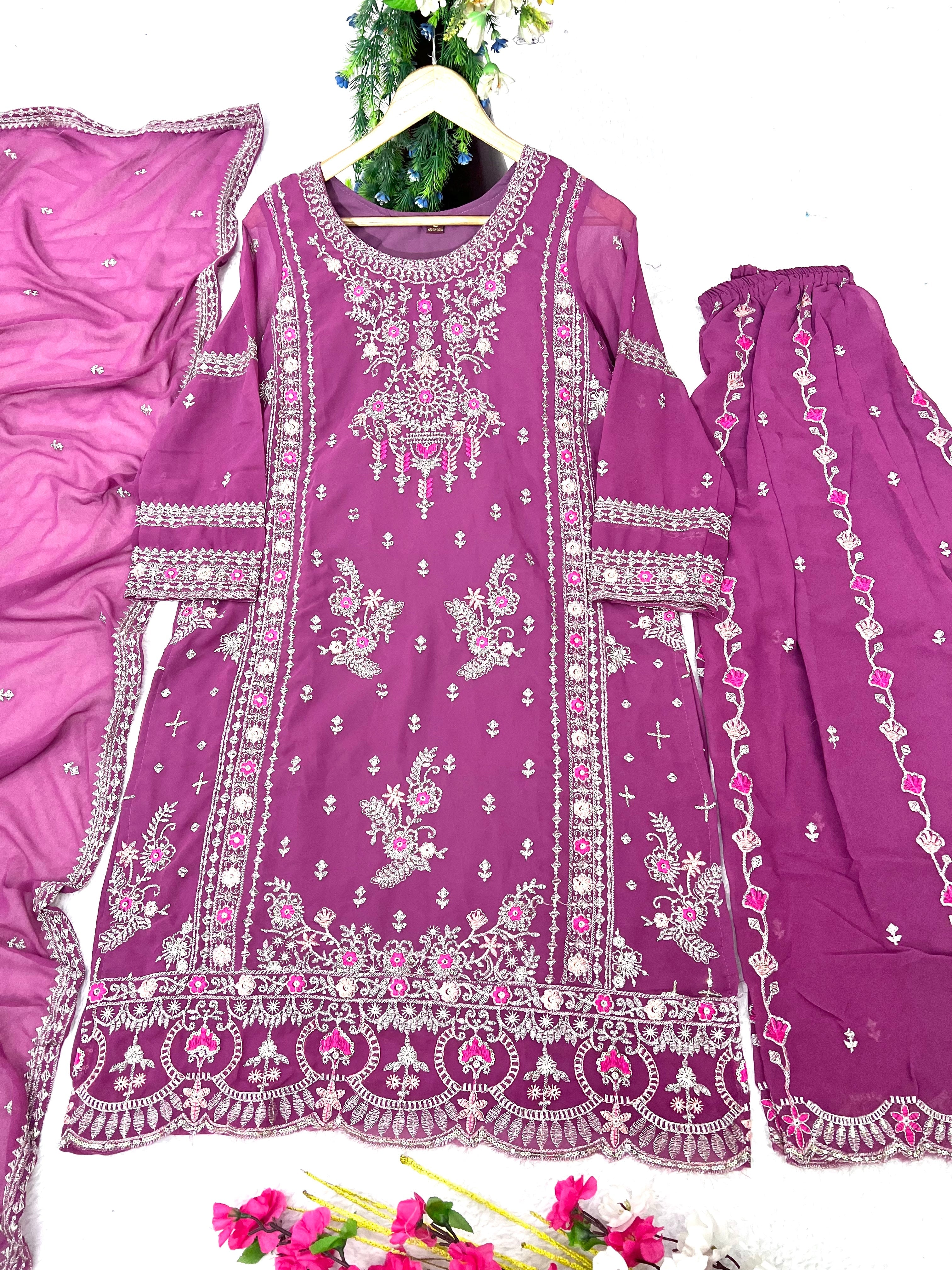 Party Wear Kurti Plazzo With Embroidery Work Lace On Border