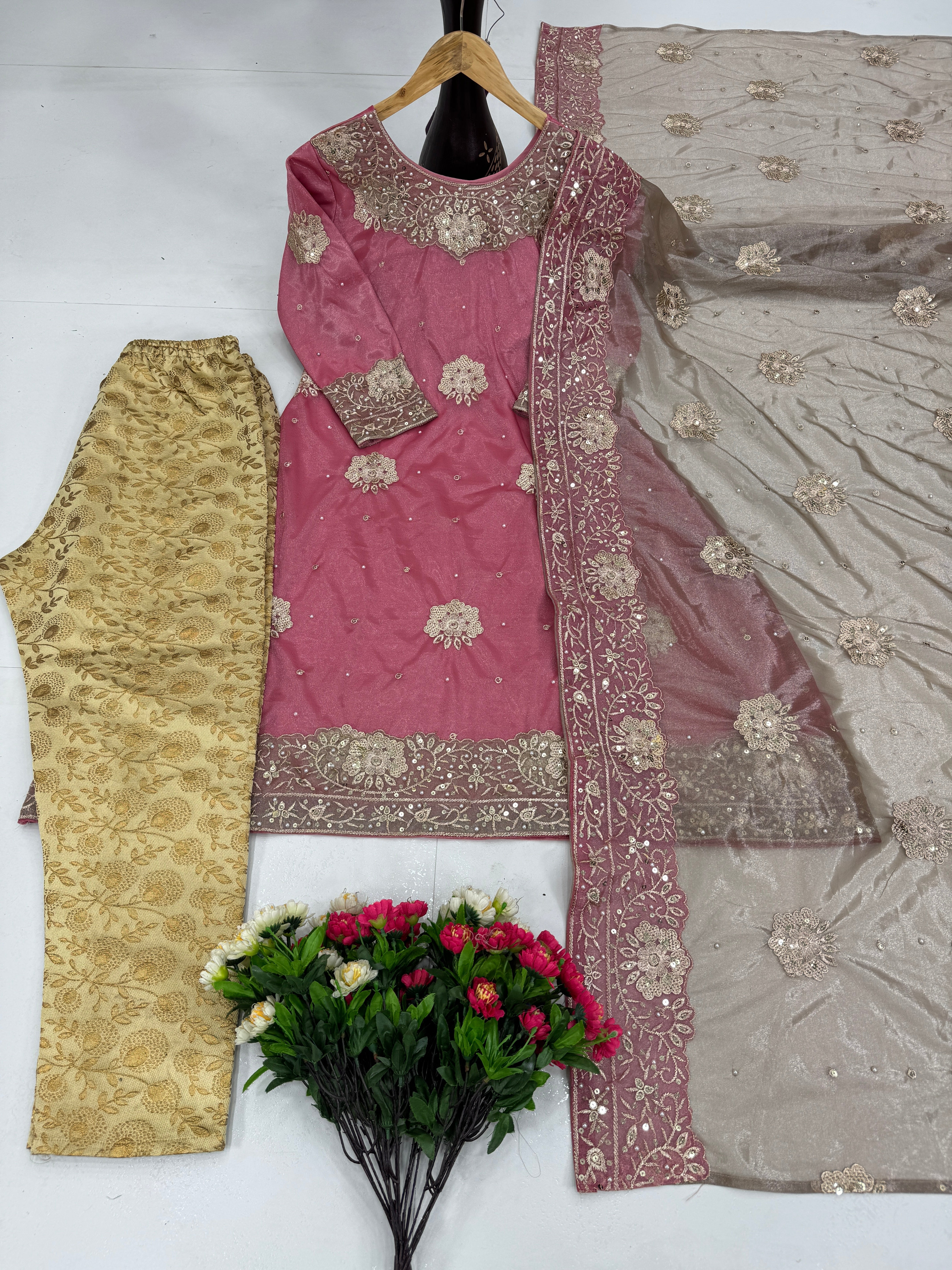 Designer Party Wear Gown Pent And Dupatta With Pearl Hand Work