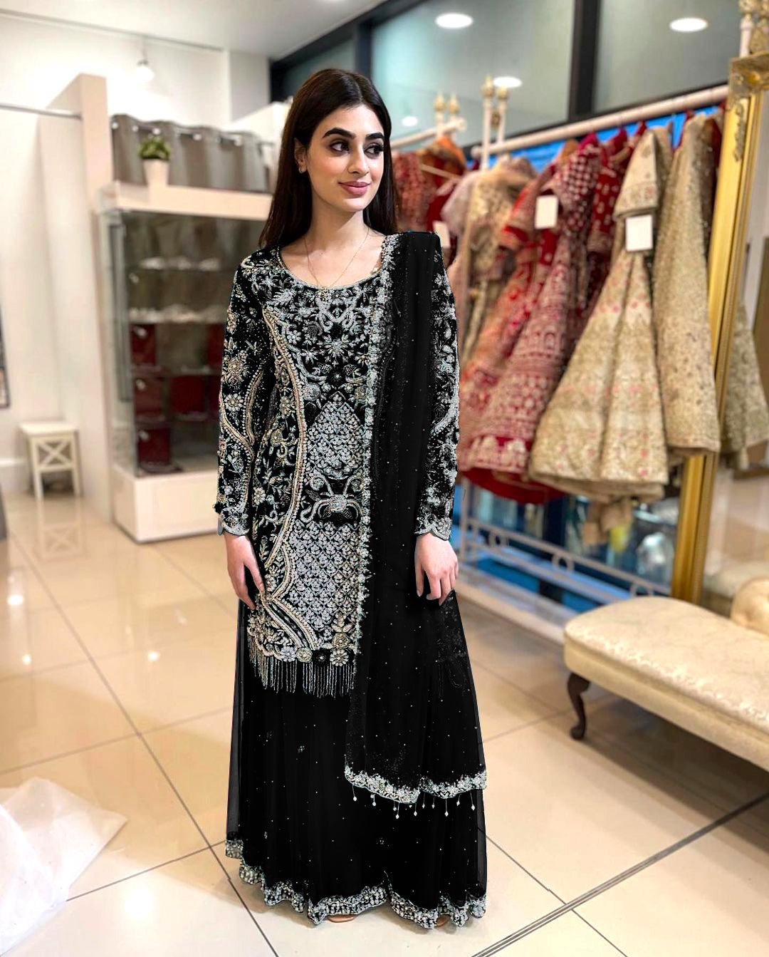 Party Wear Suit Set With Embroidery Work With Stone Hand Work