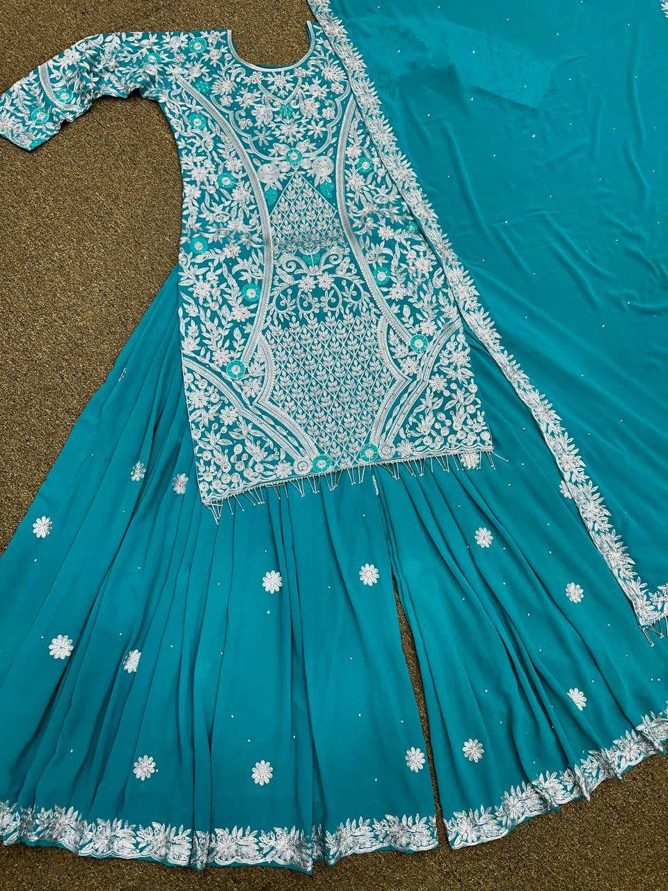 Party Wear Suit Set With Embroidery Work With Stone Hand Work