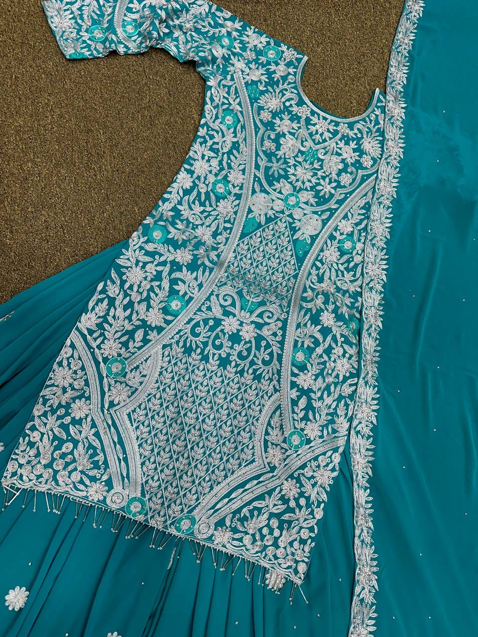 Party Wear Suit Set With Embroidery Work With Stone Hand Work