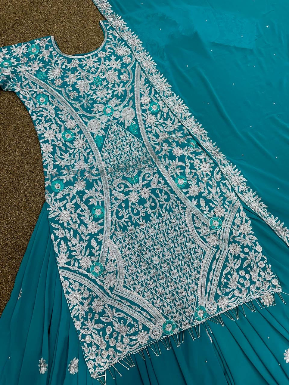 Party Wear Suit Set With Embroidery Work With Stone Hand Work