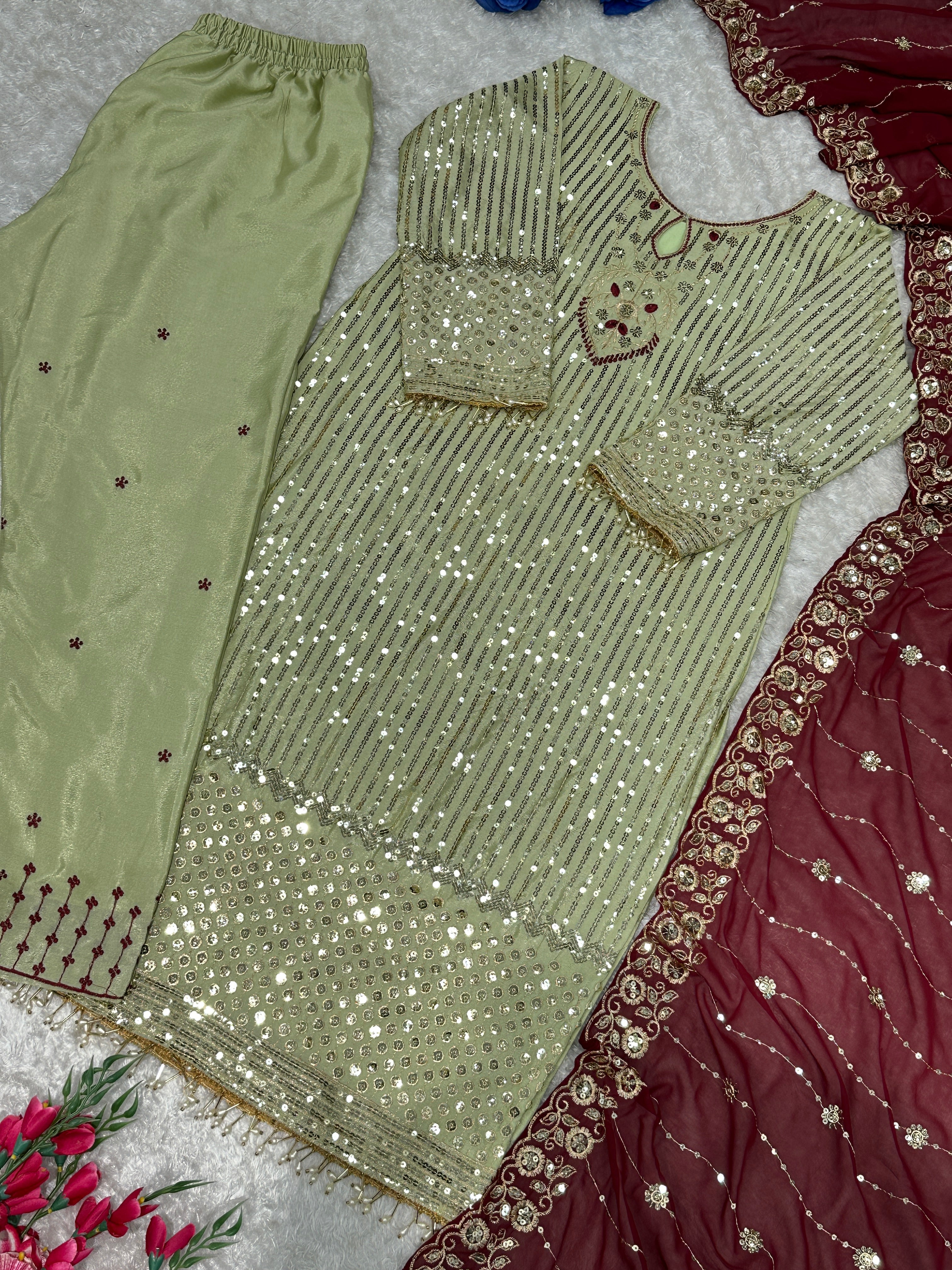 Designer Party Wear Top Bottom And Dupatta With Embroidery Work