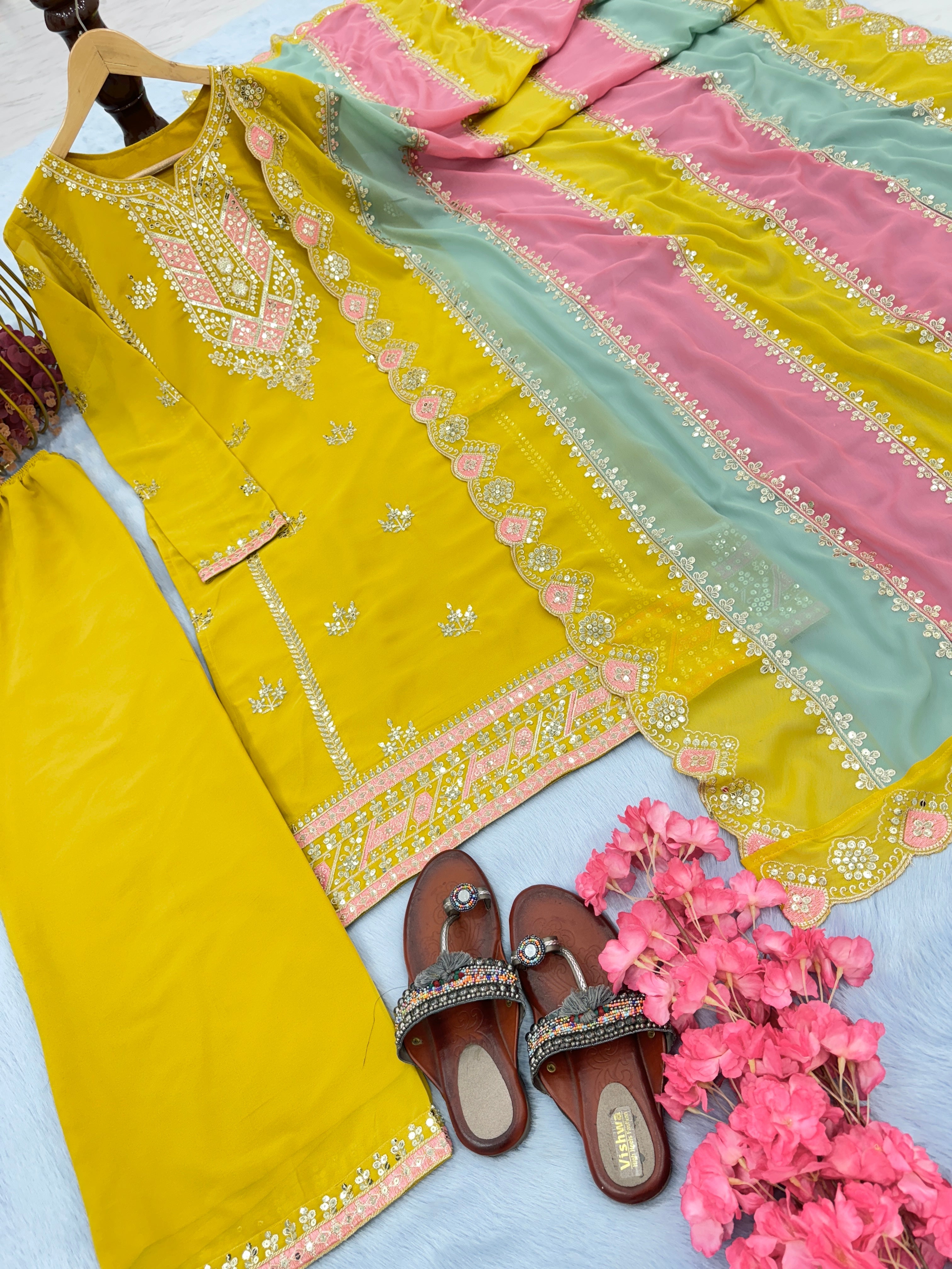 Beautiful Party Wear Look Heavy Faux Georgette Top Plazzo & Multi Color Dupatta Set