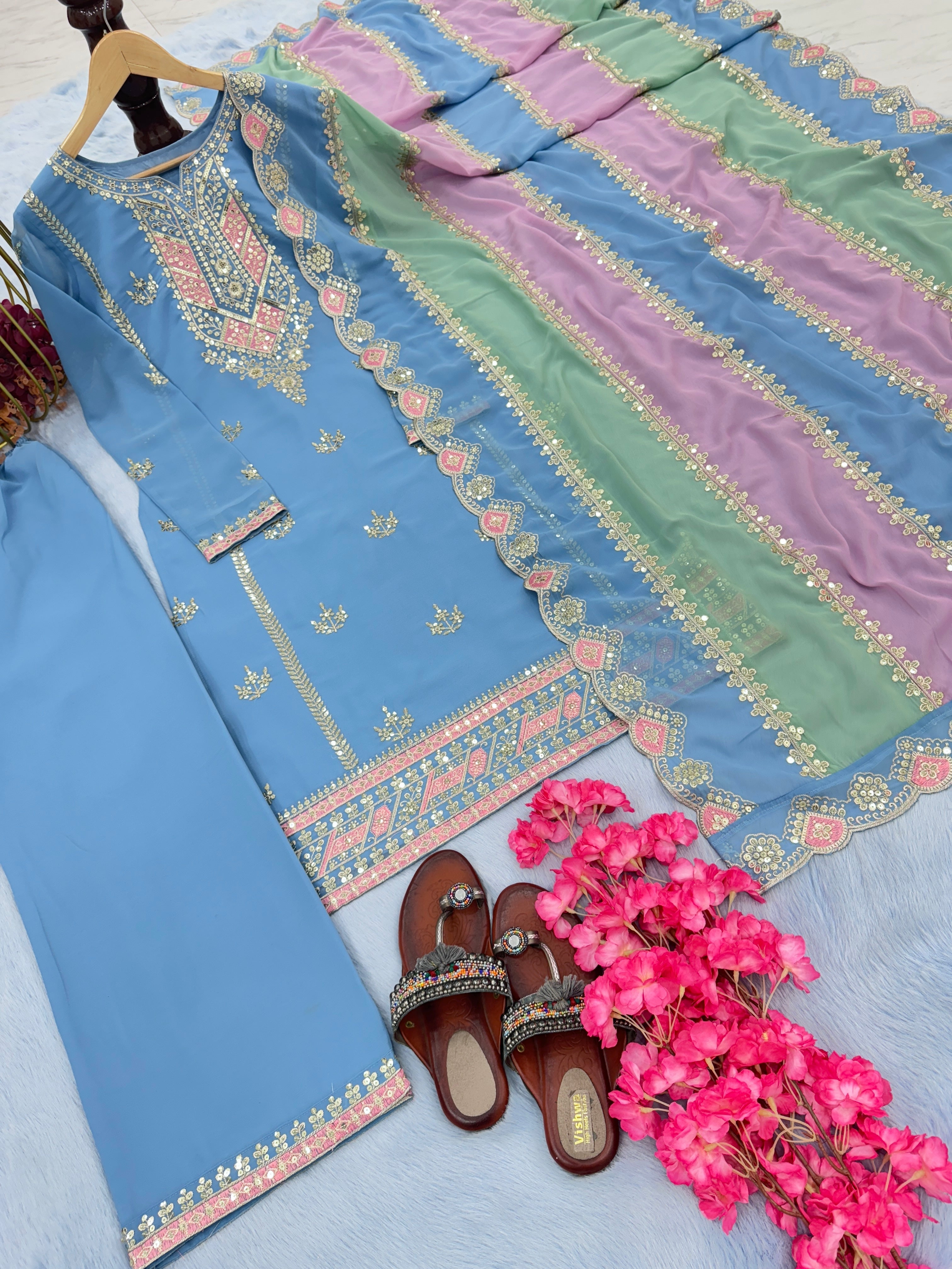 Beautiful Party Wear Look Heavy Faux Georgette Top Plazzo & Multi Color Dupatta Set