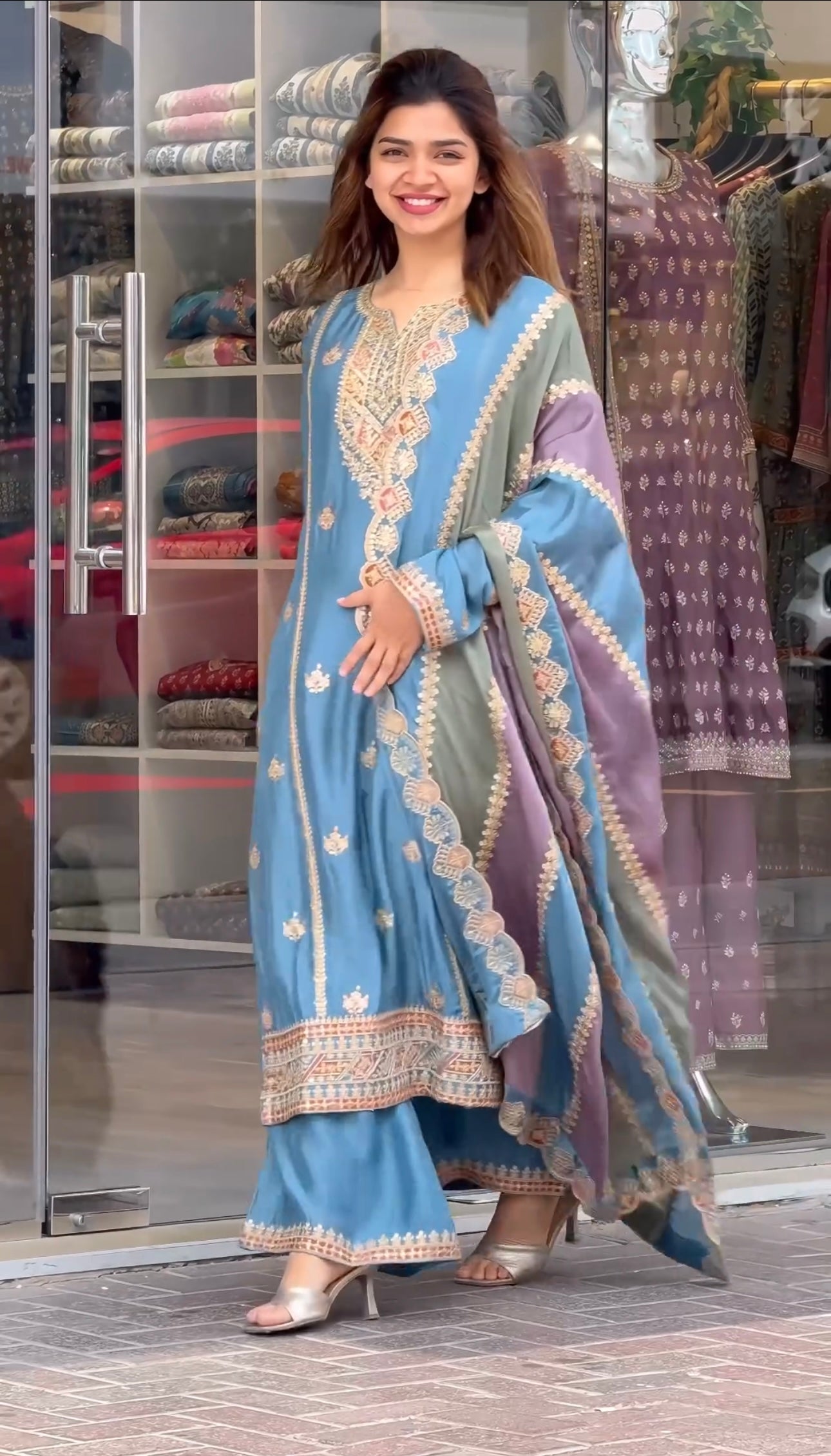 Beautiful Party Wear Look Heavy Faux Georgette Top Plazzo & Multi Color Dupatta Set