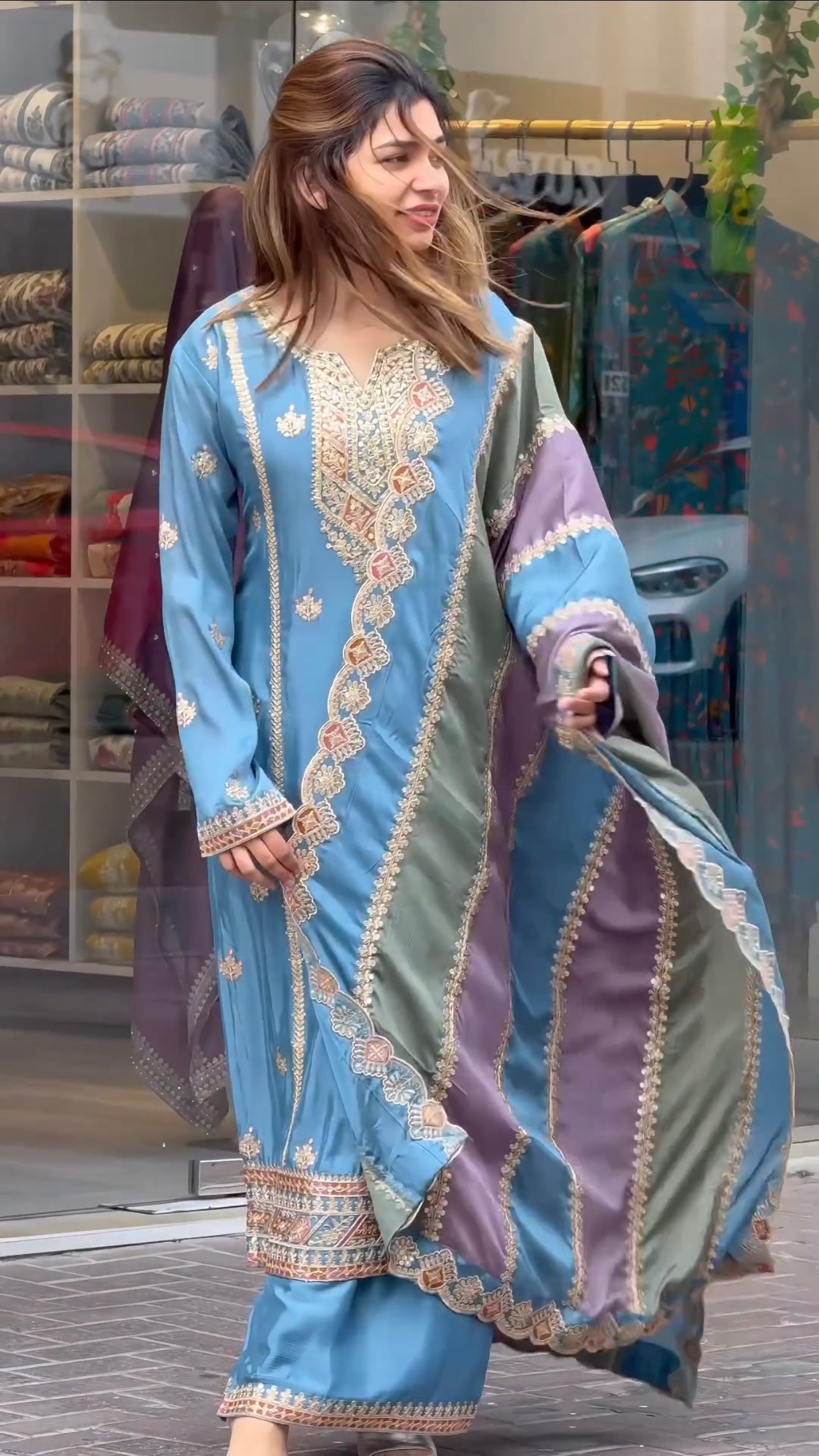 Beautiful Party Wear Look Heavy Faux Georgette Top Plazzo & Multi Color Dupatta Set