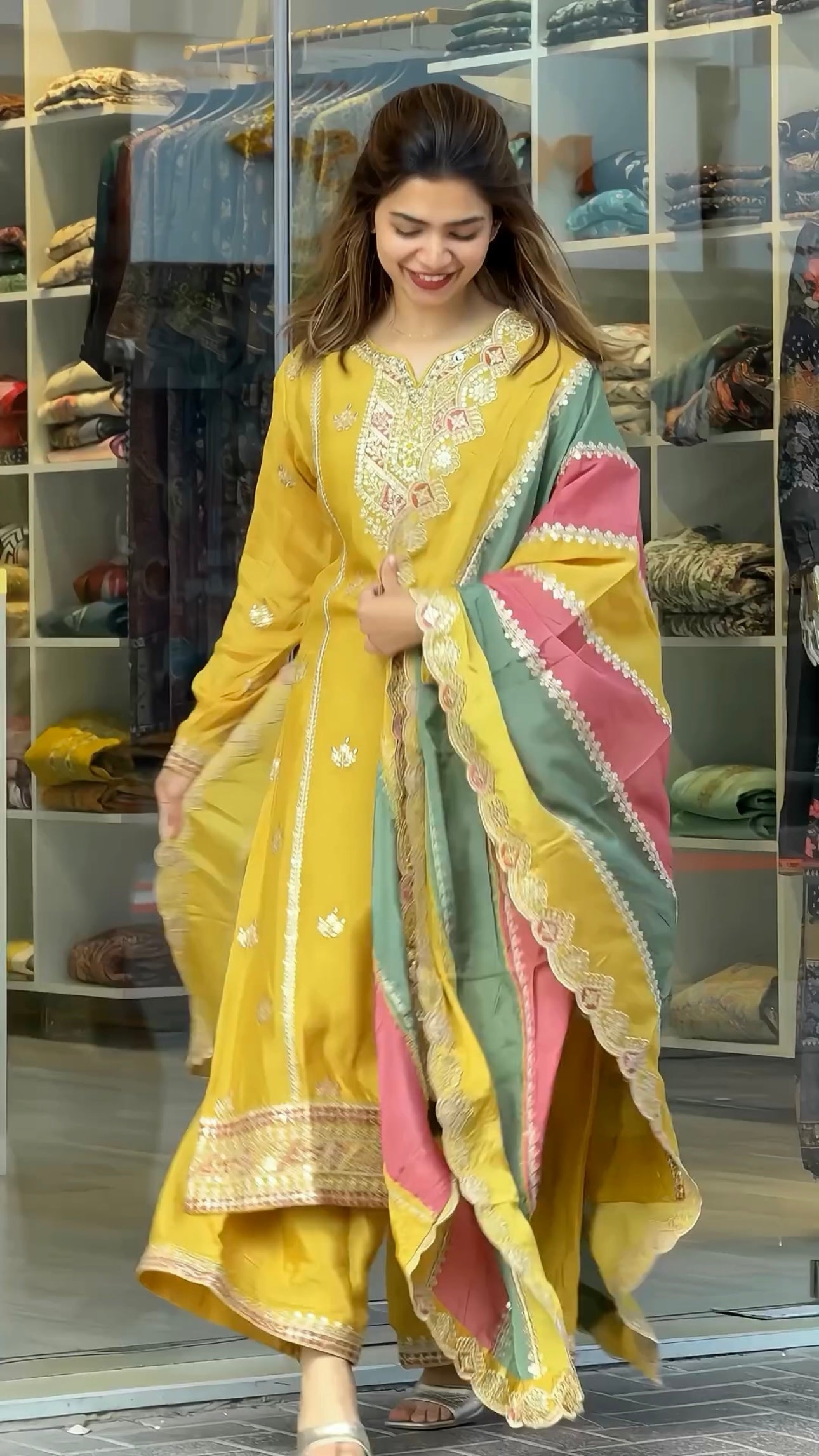 Beautiful Party Wear Look Heavy Faux Georgette Top Plazzo & Multi Color Dupatta Set
