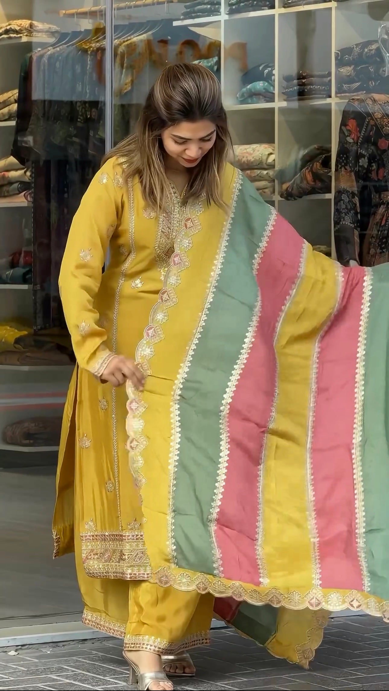 Beautiful Party Wear Look Heavy Faux Georgette Top Plazzo & Multi Color Dupatta Set