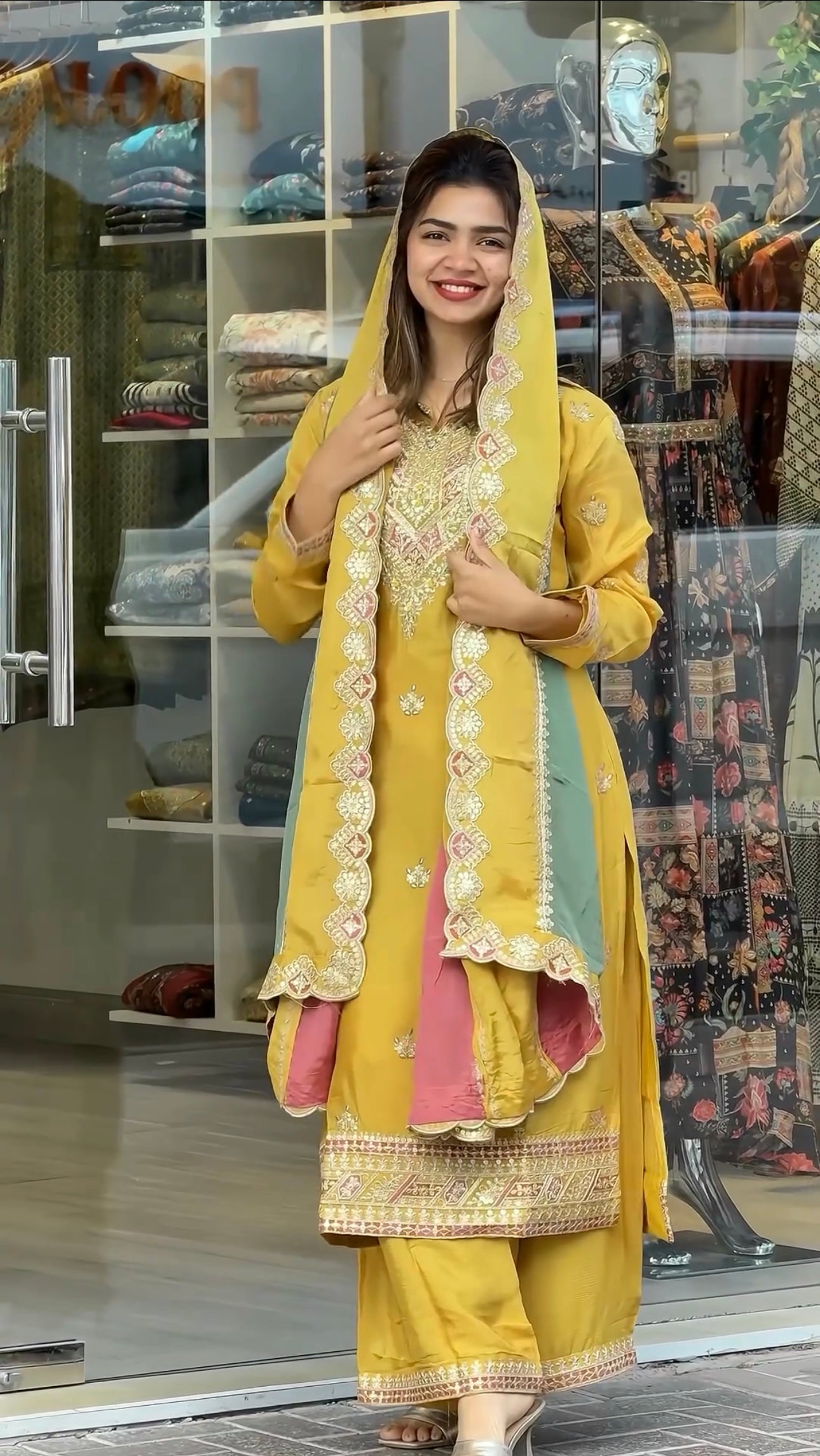 Beautiful Party Wear Look Heavy Faux Georgette Top Plazzo & Multi Color Dupatta Set