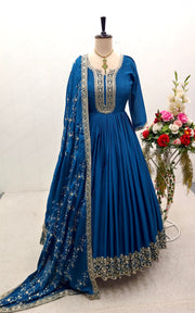 Designer Party Wear Gown And Dupatta With Embroidery Work