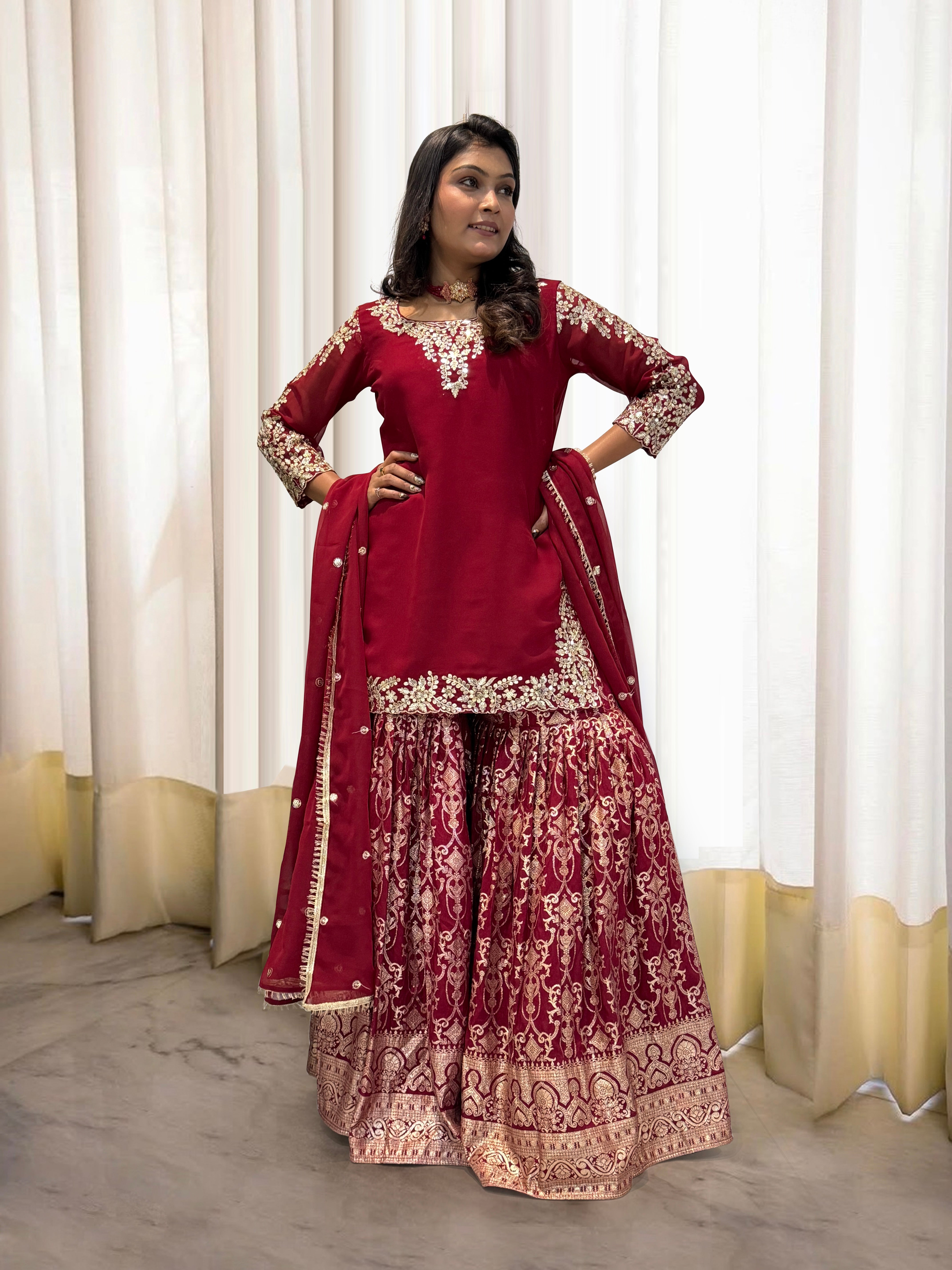 Fancy Top-Sharara & Dupatta With Embroidery And Sequence Work