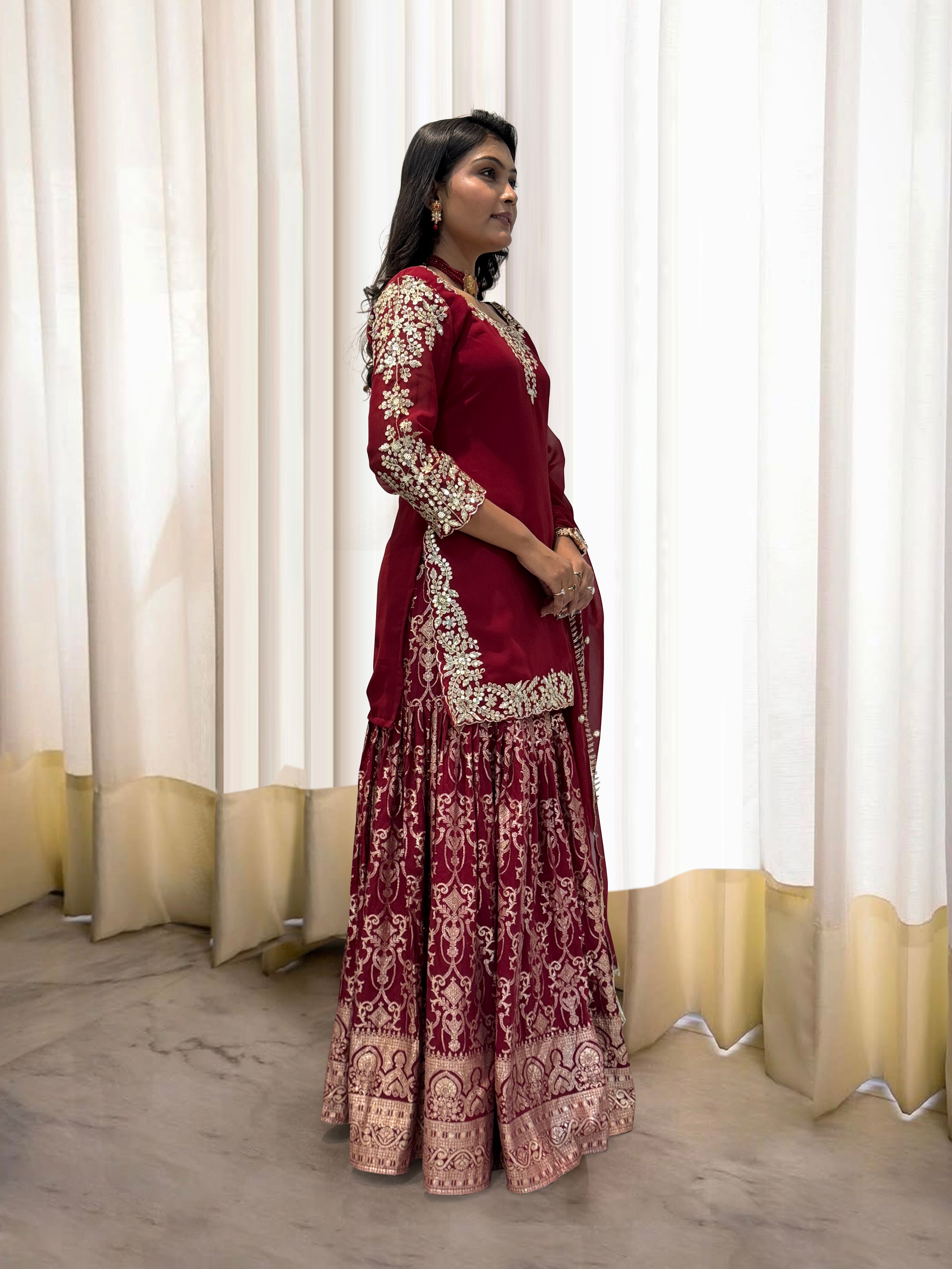 Fancy Top-Sharara & Dupatta With Embroidery And Sequence Work