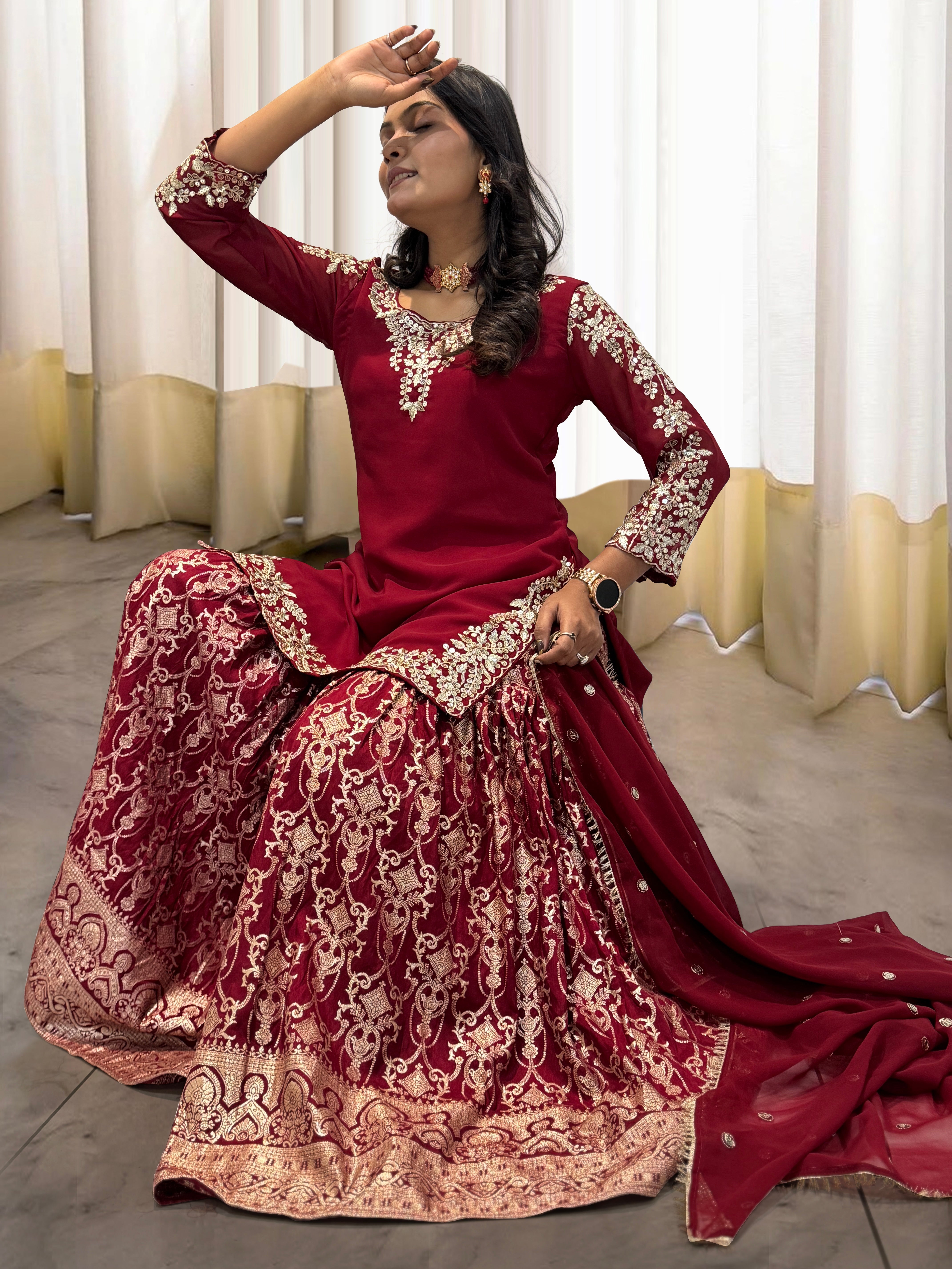 Fancy Top-Sharara & Dupatta With Embroidery And Sequence Work