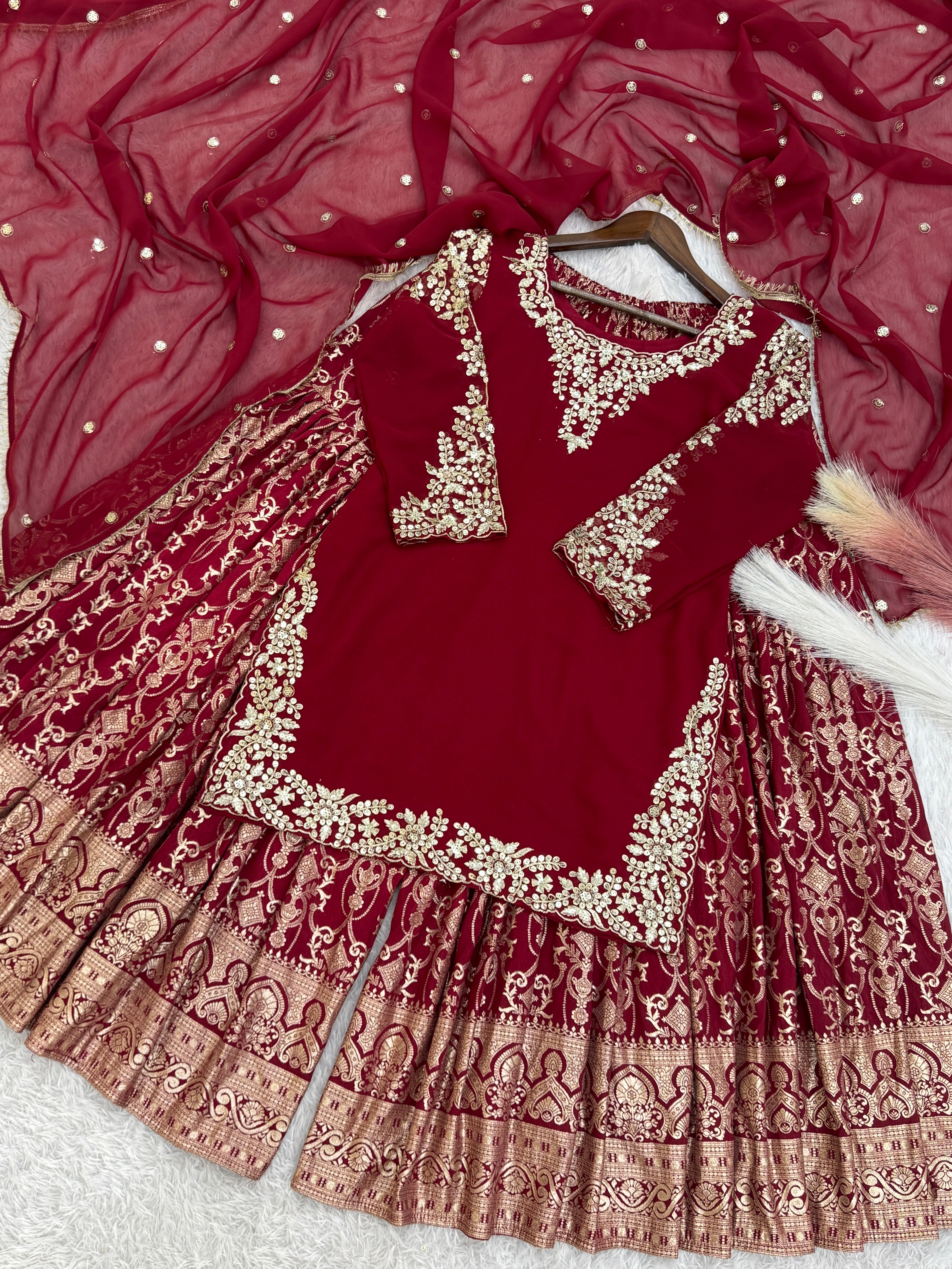 Fancy Top-Sharara & Dupatta With Embroidery And Sequence Work