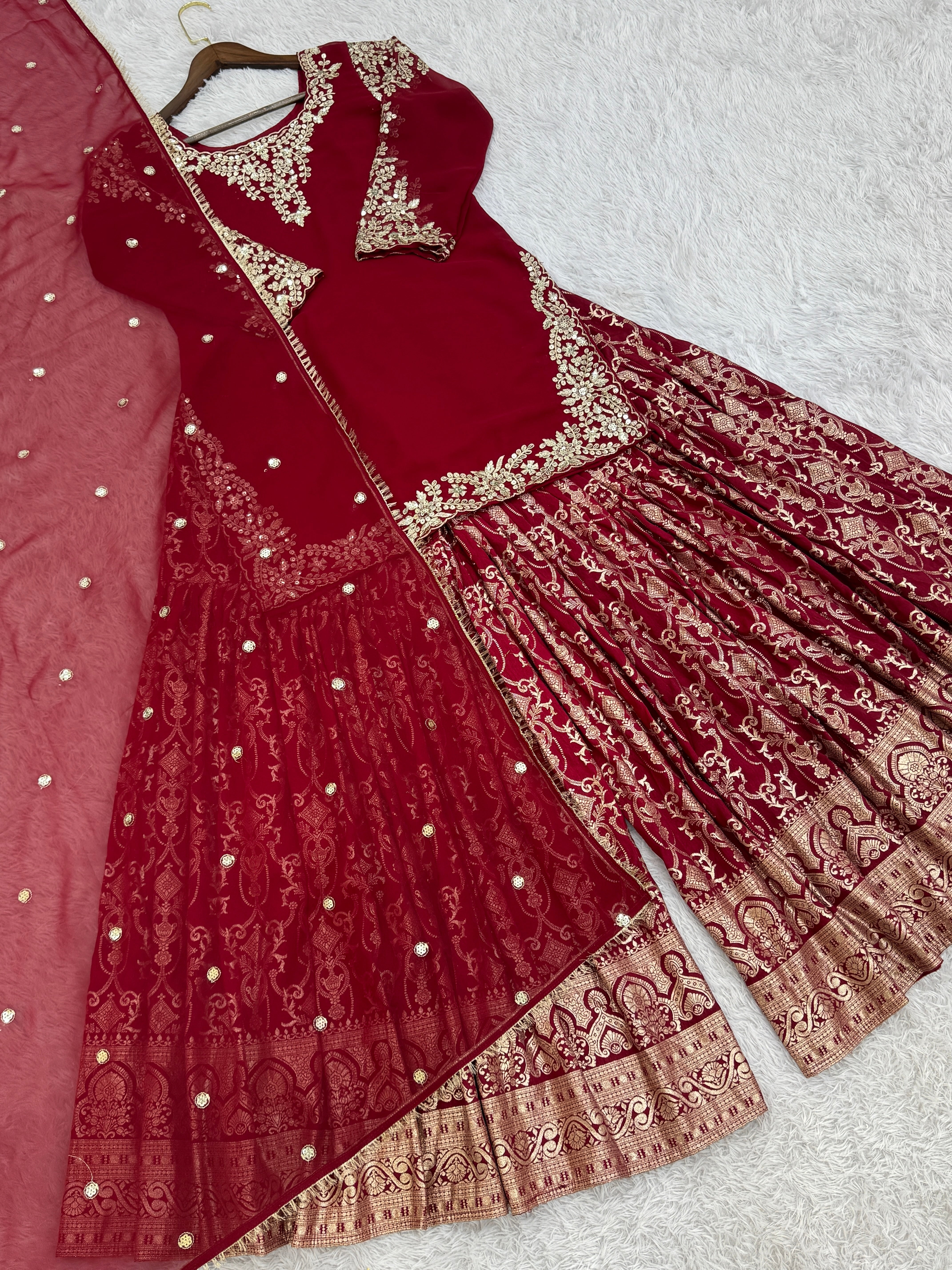 Fancy Top-Sharara & Dupatta With Embroidery And Sequence Work