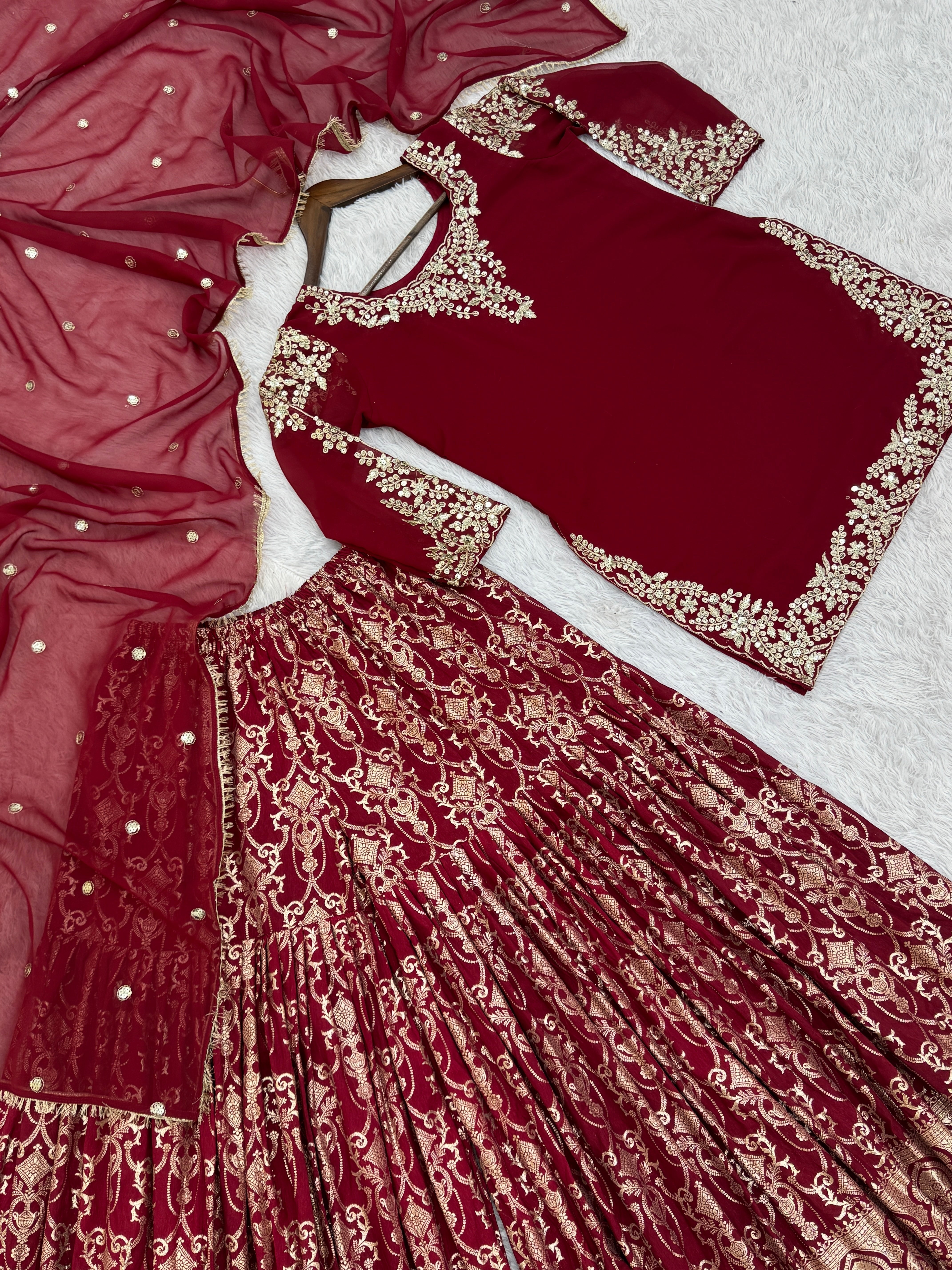 Fancy Top-Sharara & Dupatta With Embroidery And Sequence Work