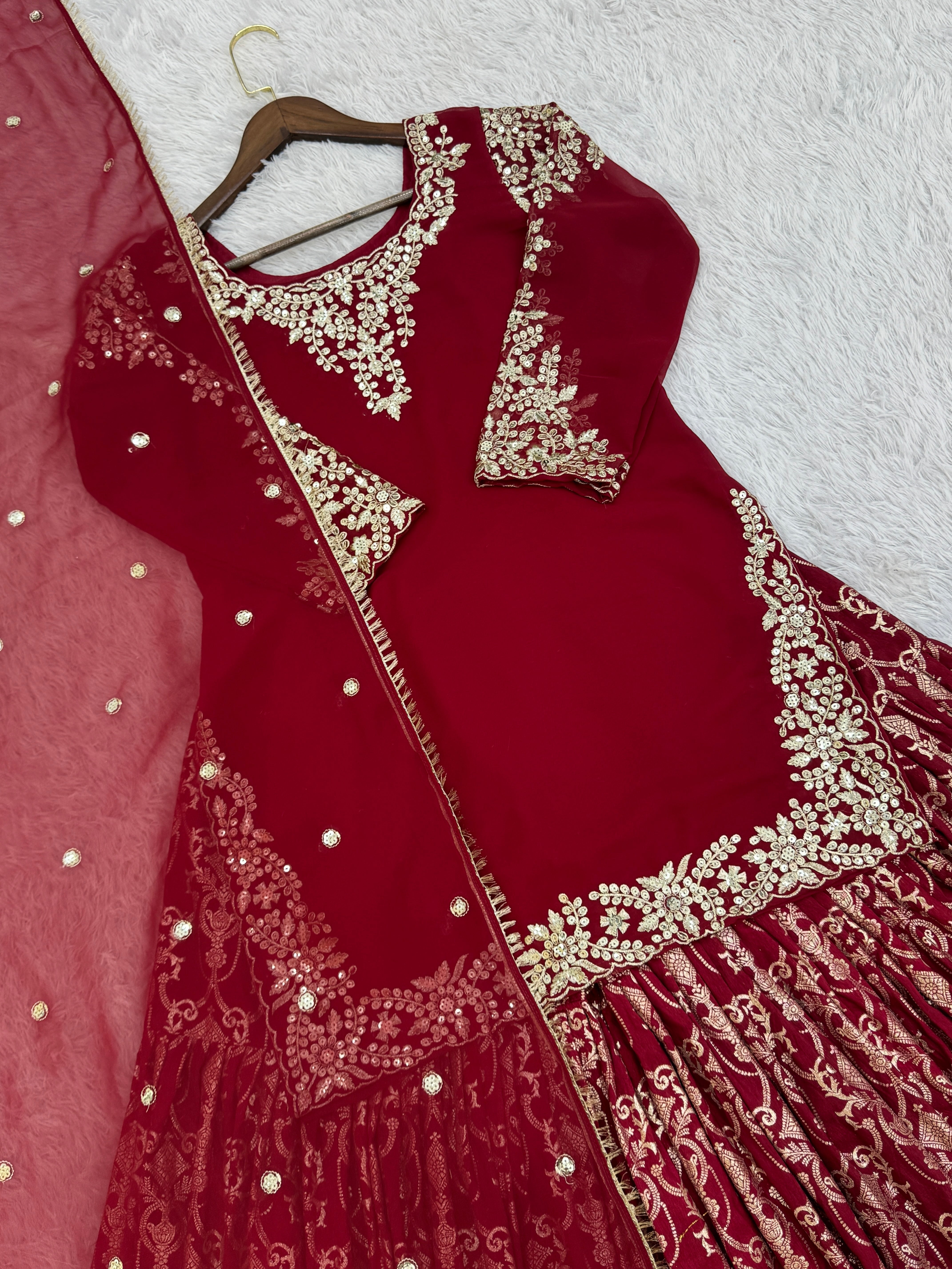 Fancy Top-Sharara & Dupatta With Embroidery And Sequence Work