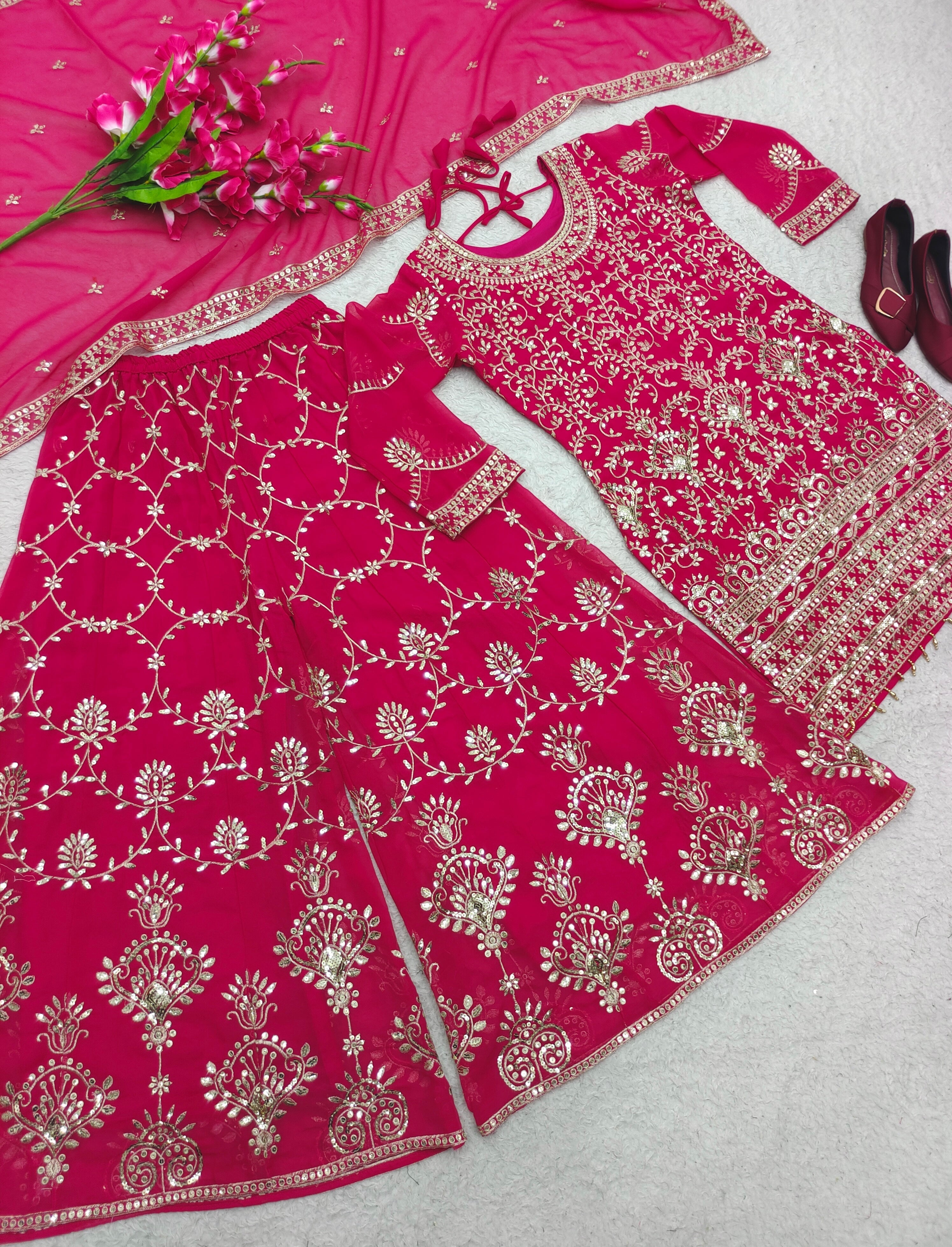 Designer Party Wear Top-Sarara With Dupatta With Embroidery Work