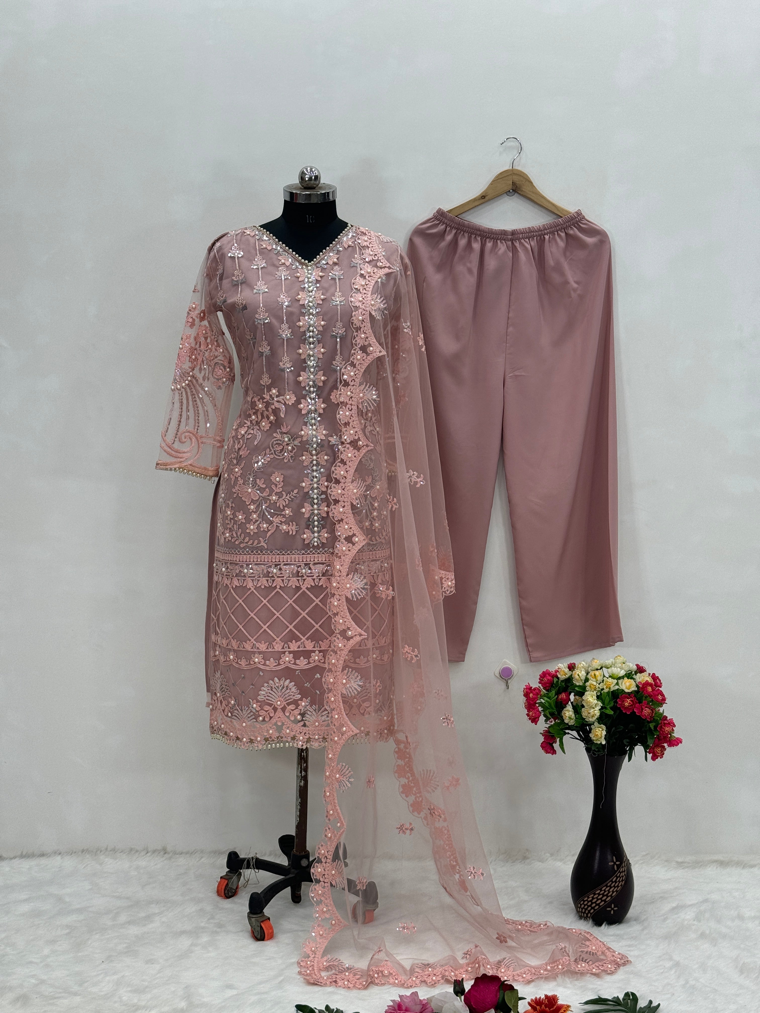 Fancy Party Wear Sharara Suit Set With Pearl Work