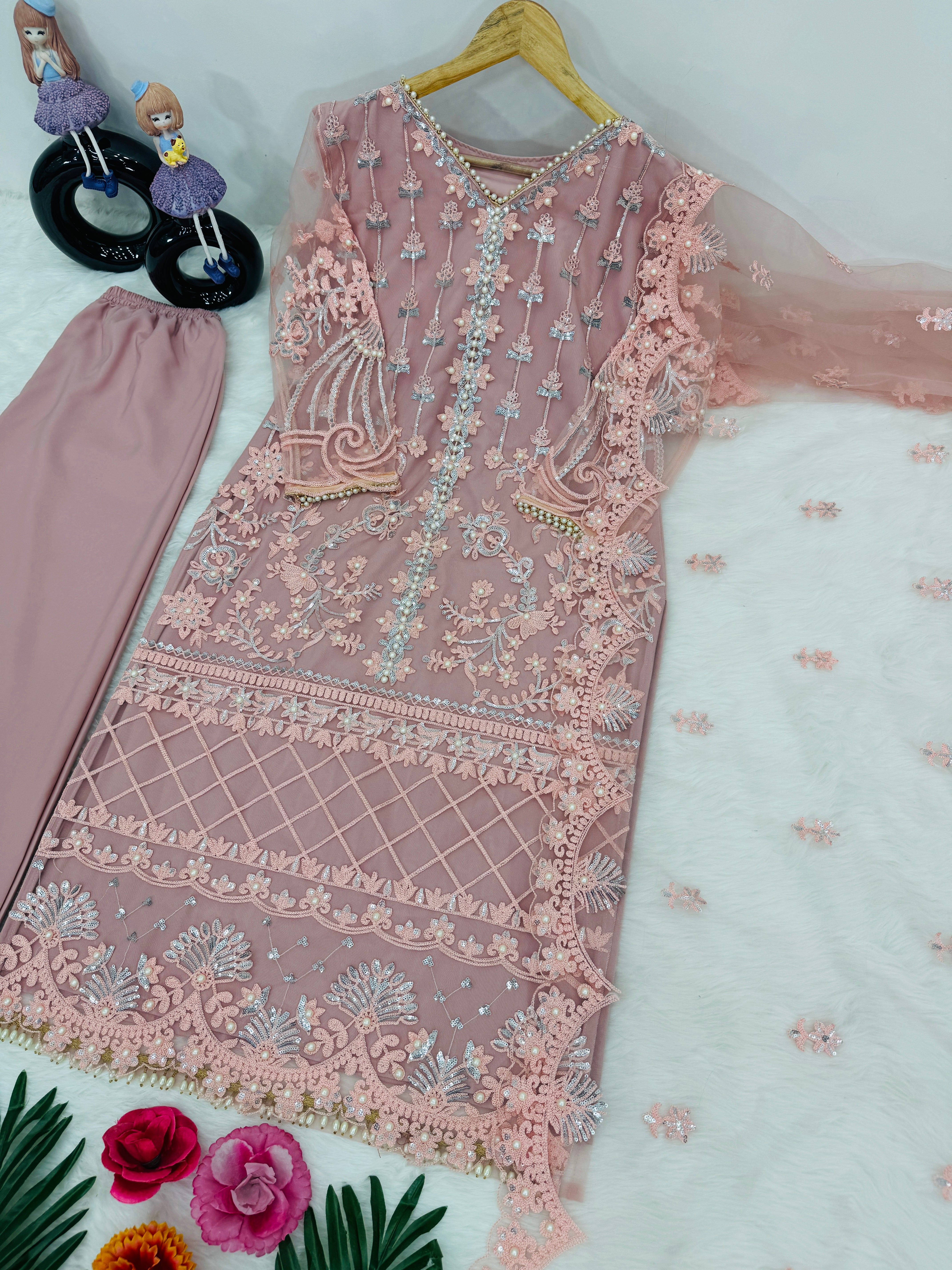 Fancy Party Wear Sharara Suit Set With Pearl Work