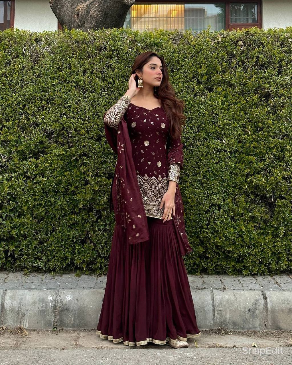 Designer Party Wear Look Top , Sharara Plazzo And Dupatta