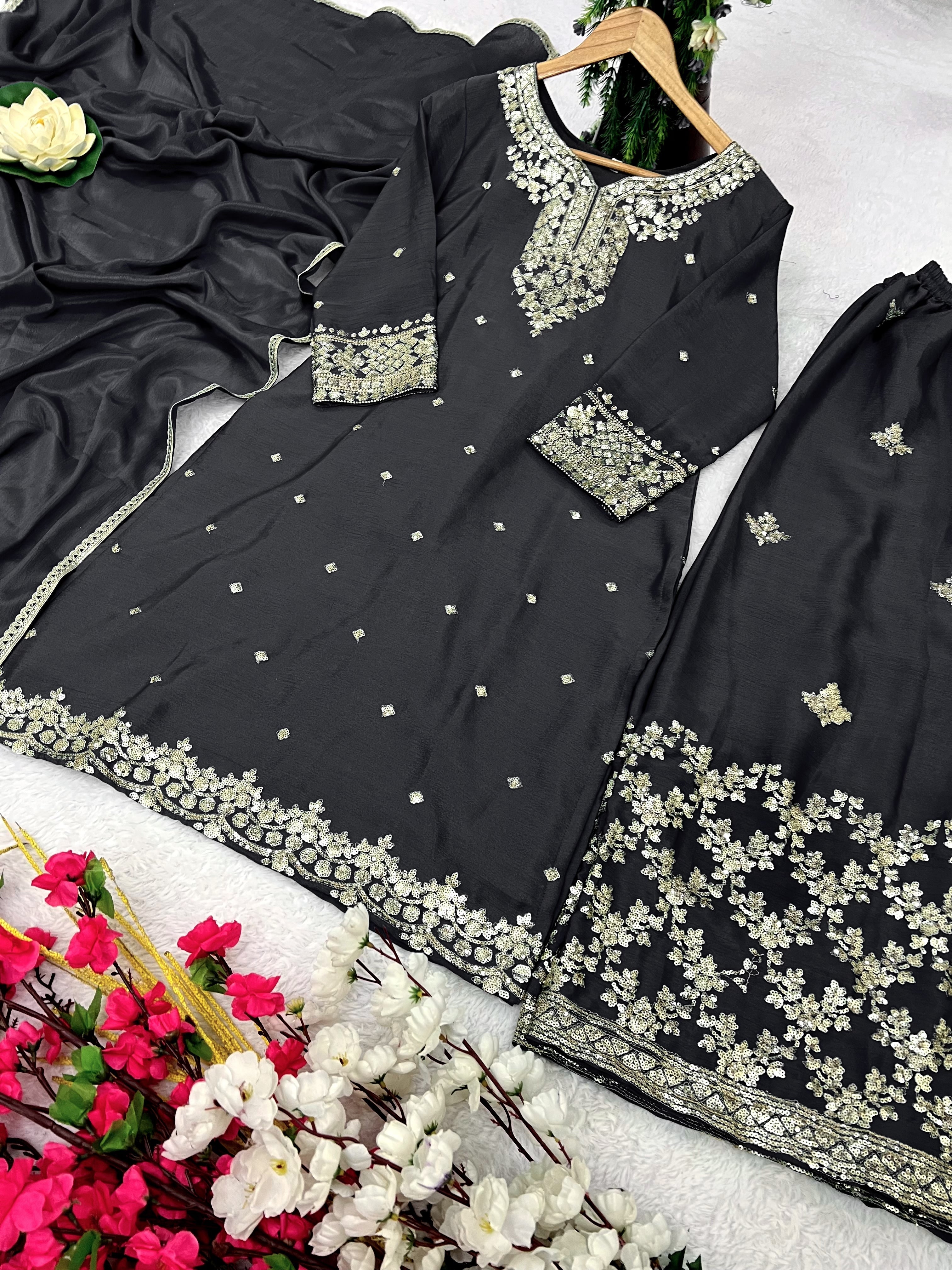 Party Wear Beautiful Suit Set With Zari Needle Embroidery Work