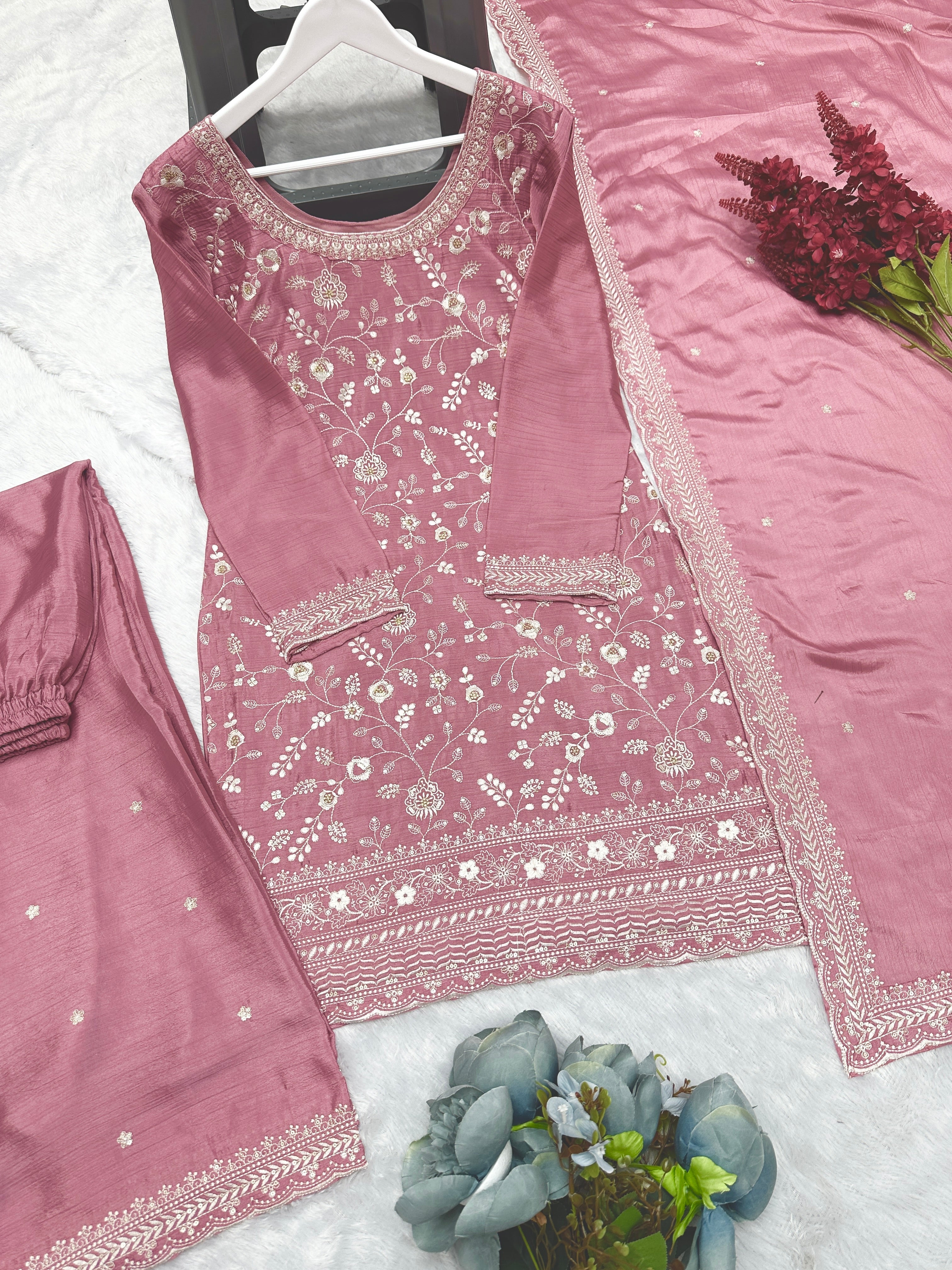 Designer Top - Plazzo & Dupatta With Embroidery Thread Work