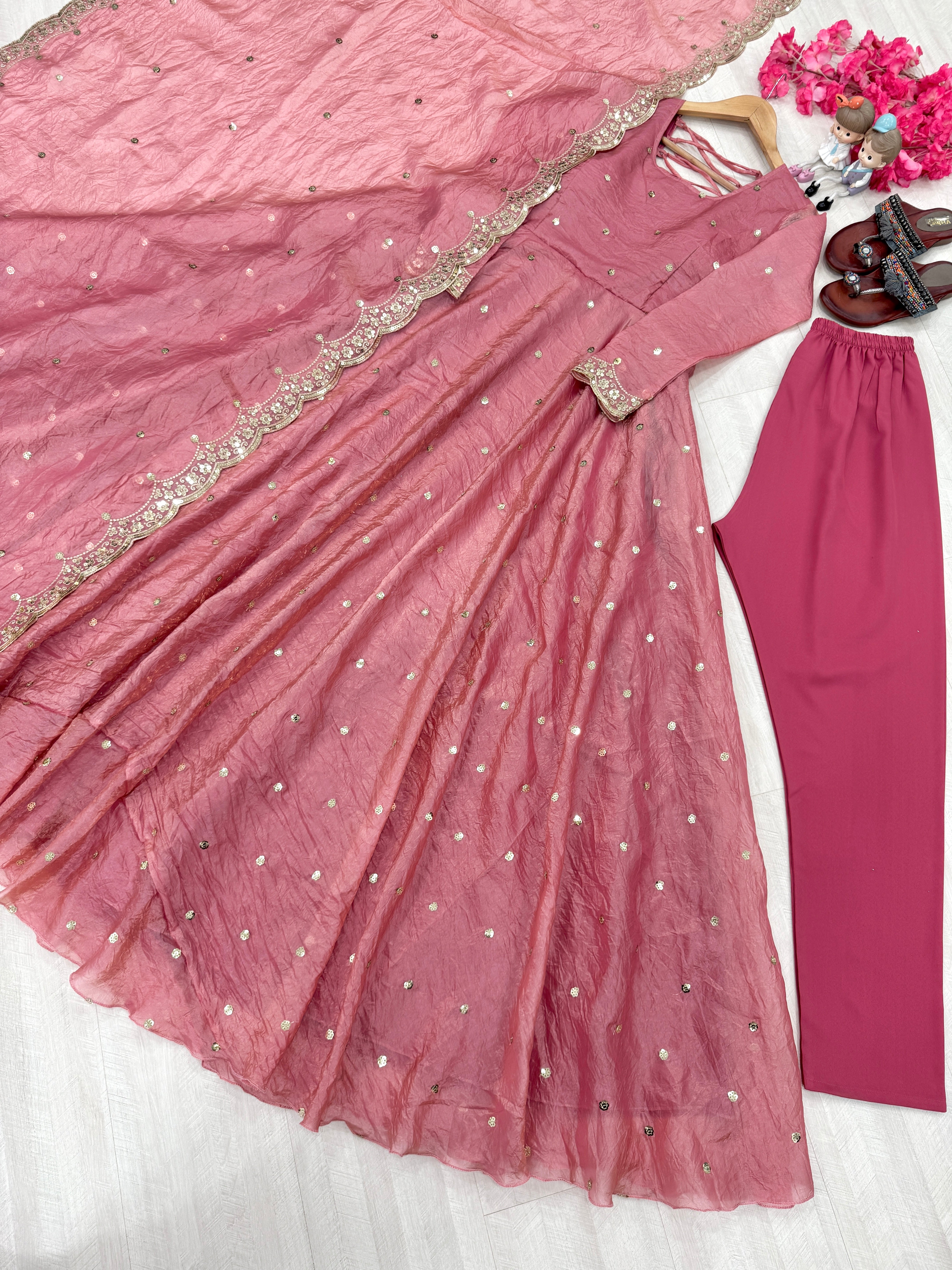 Designer Party Wear Look Fancy Umbrella Gown, Dupatta & Bottom