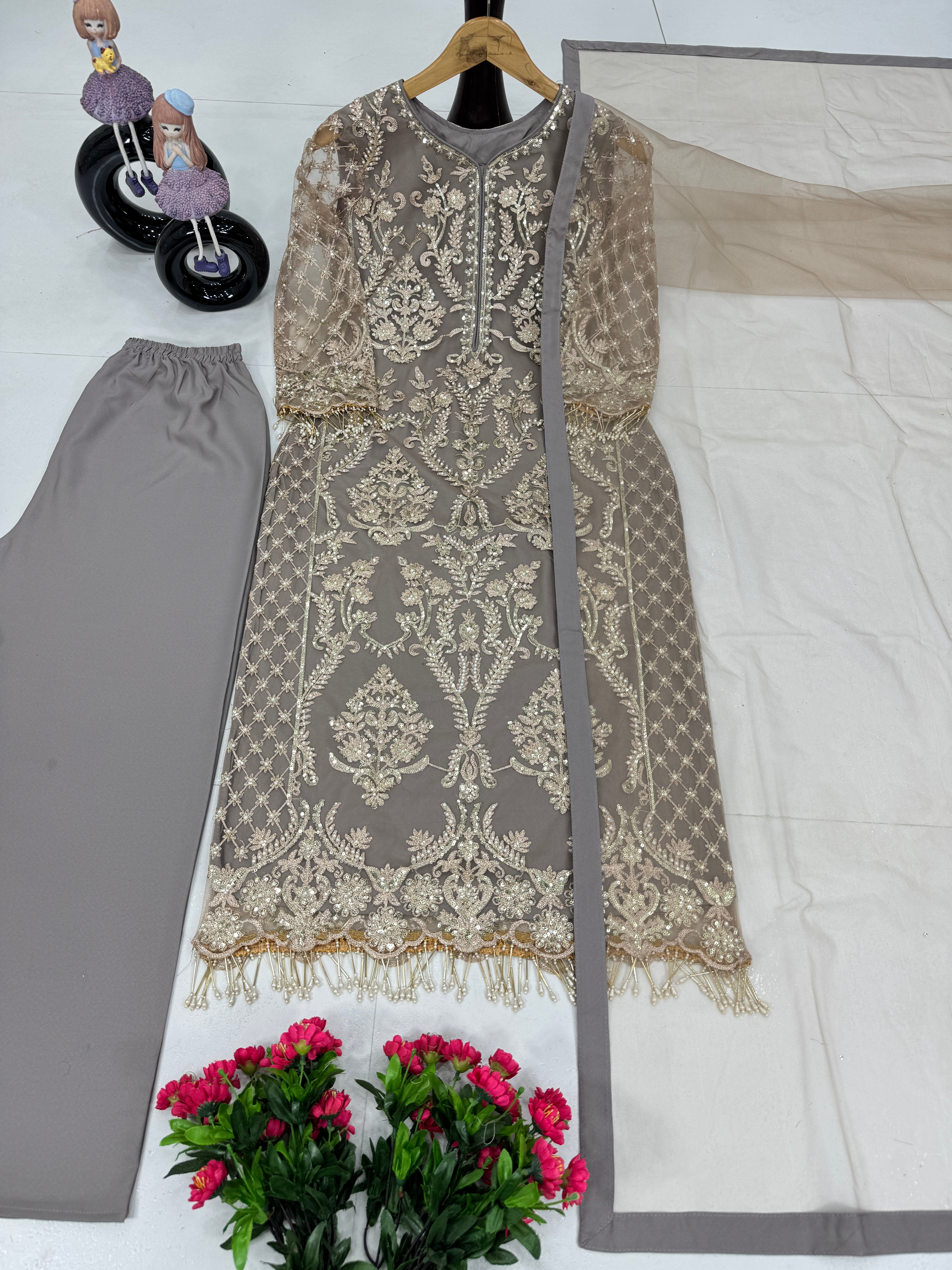 Designer Party Wear Top Pent And Dupatta With Fancy Lace