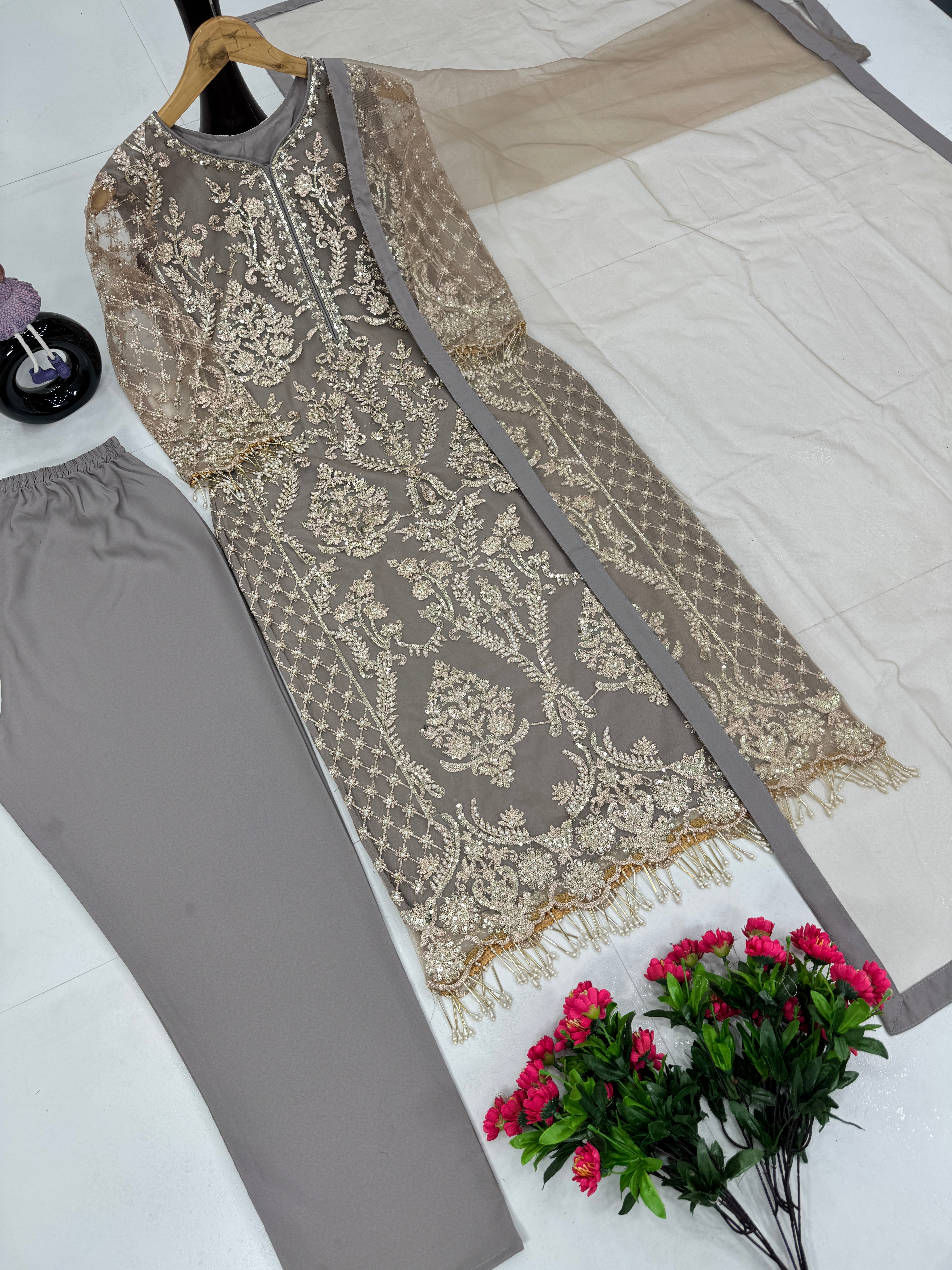 Designer Party Wear Top Pent And Dupatta With Fancy Lace