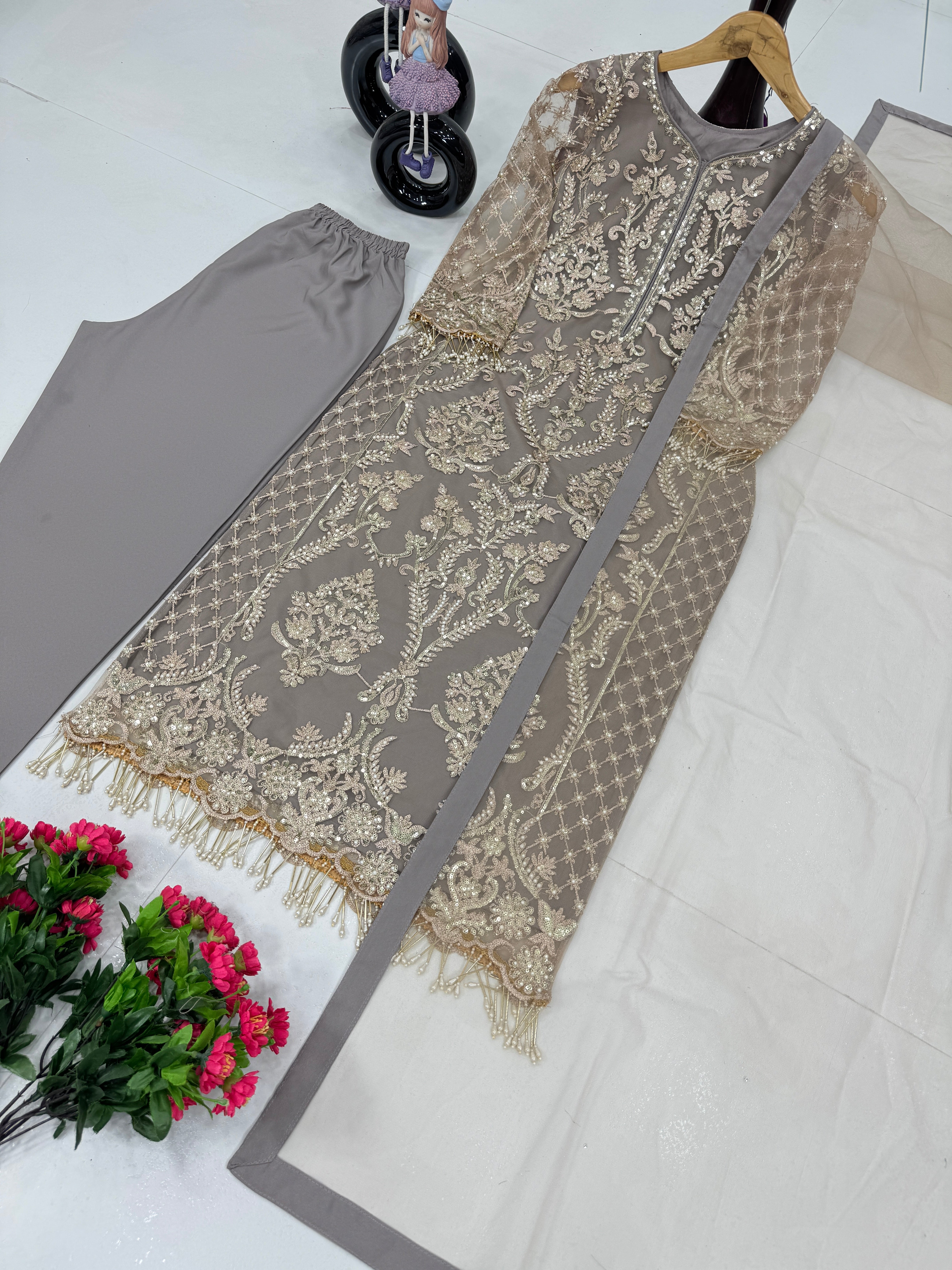 Designer Party Wear Top Pent And Dupatta With Fancy Lace