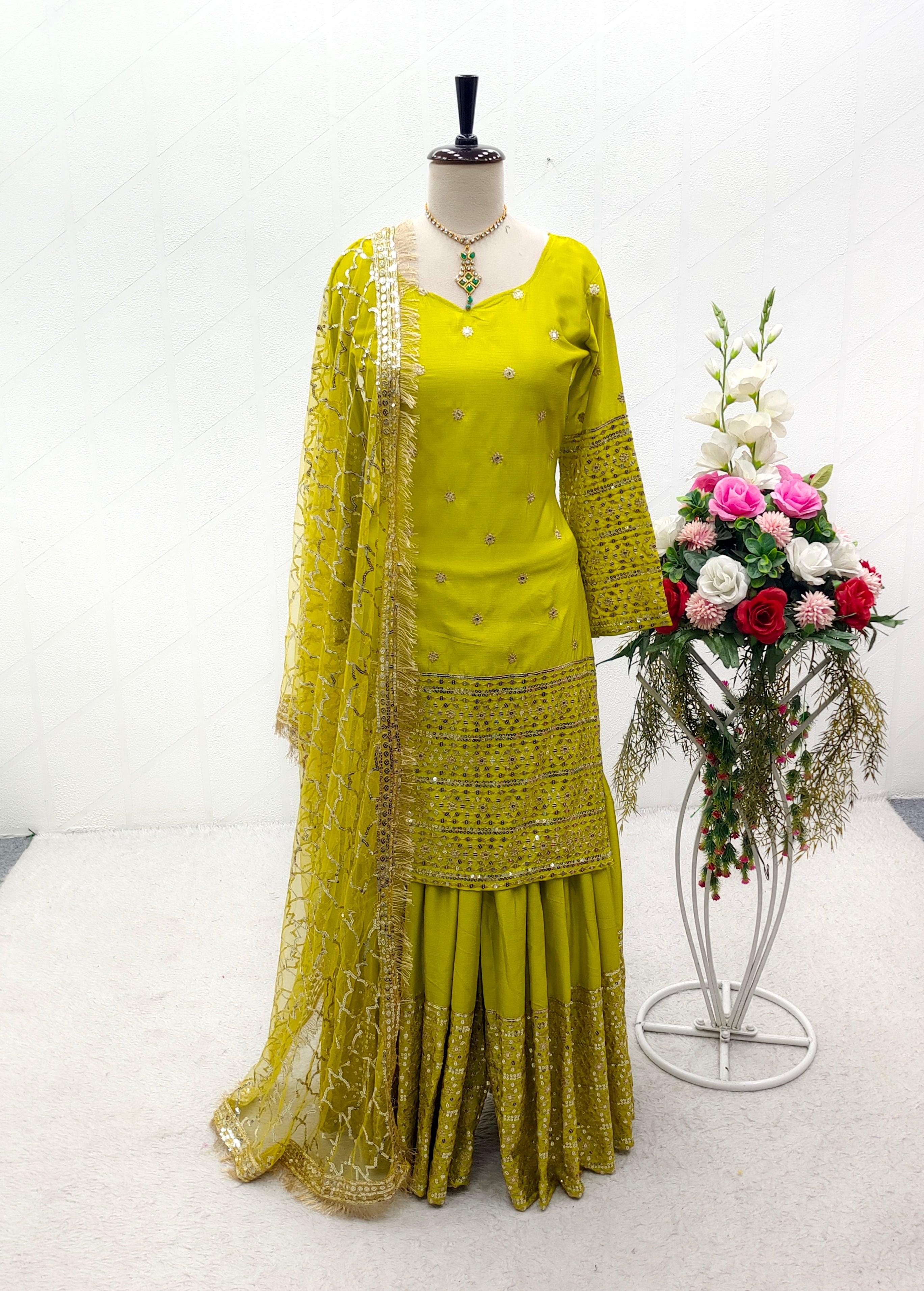 Designer Party Wear Top-Sarara With Dupatta With Embroidery Work
