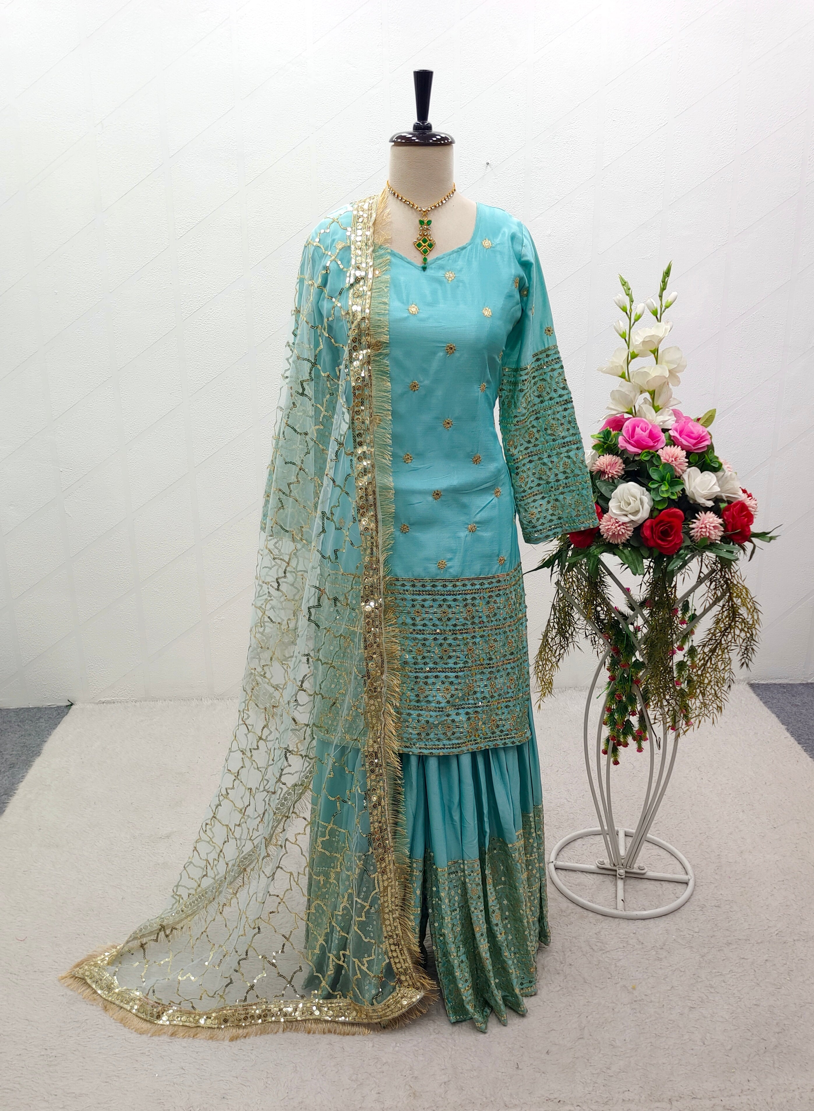 Designer Party Wear Top-Sarara With Dupatta With Embroidery Work