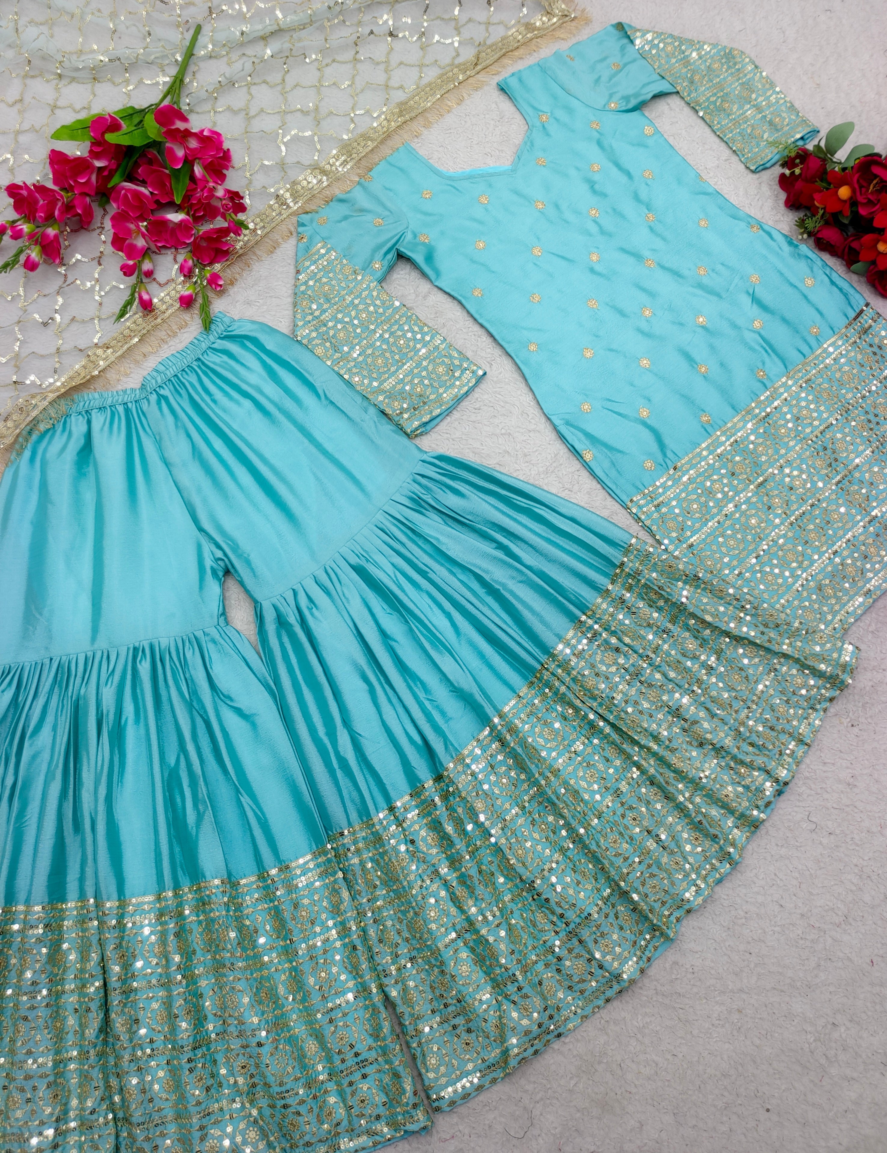 Designer Party Wear Top-Sarara With Dupatta With Embroidery Work