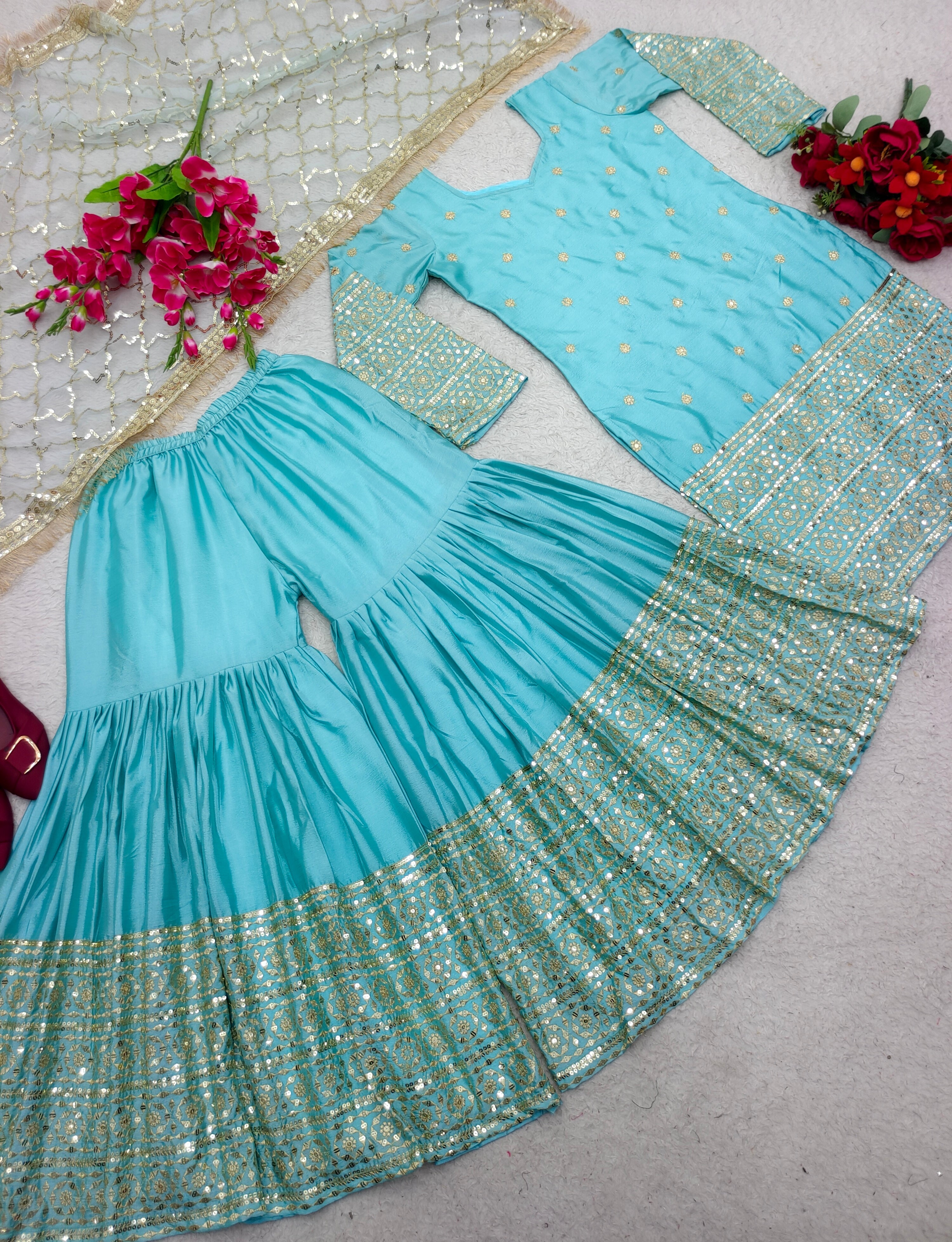 Designer Party Wear Top-Sarara With Dupatta With Embroidery Work