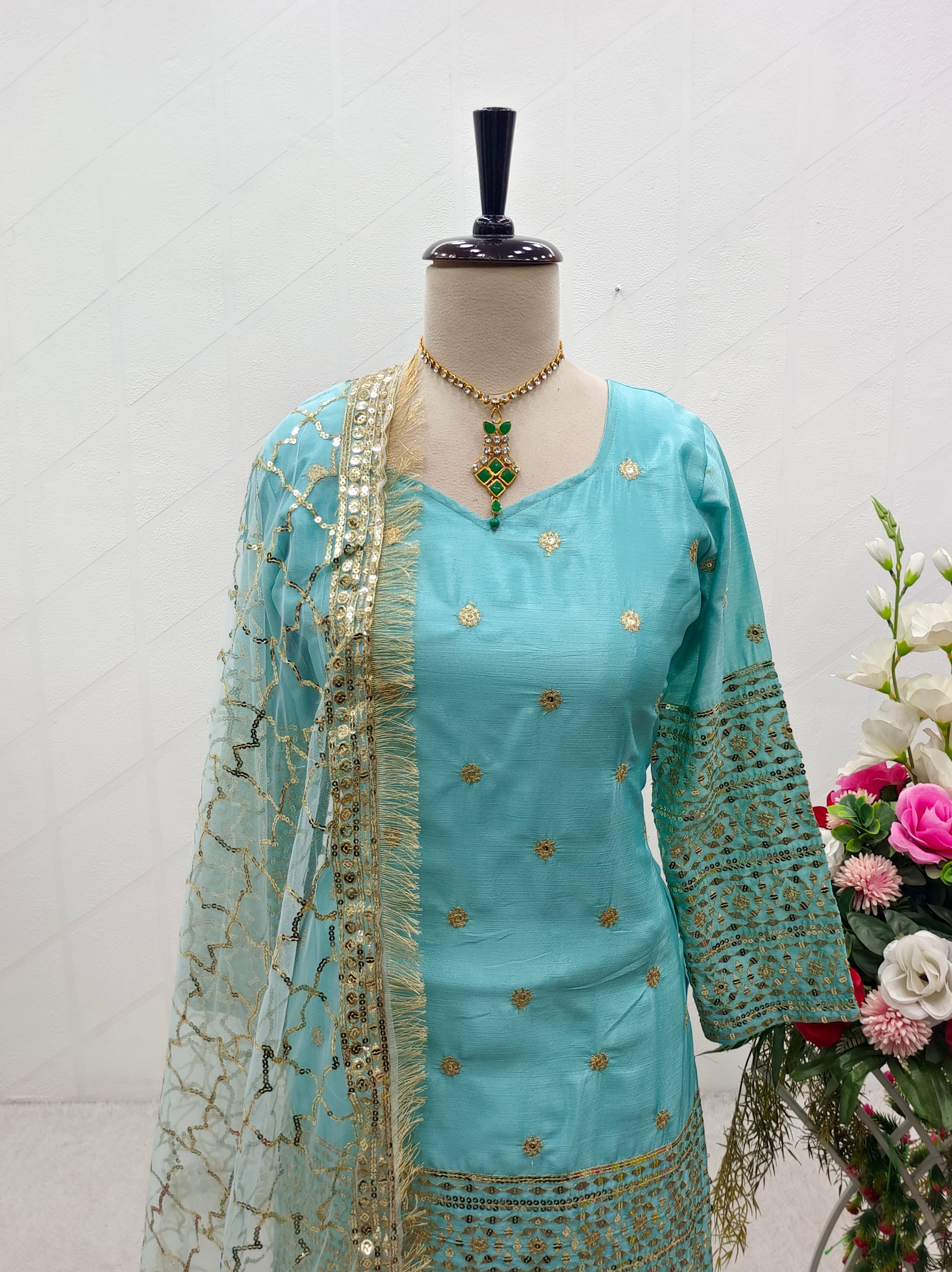 Designer Party Wear Top-Sarara With Dupatta With Embroidery Work