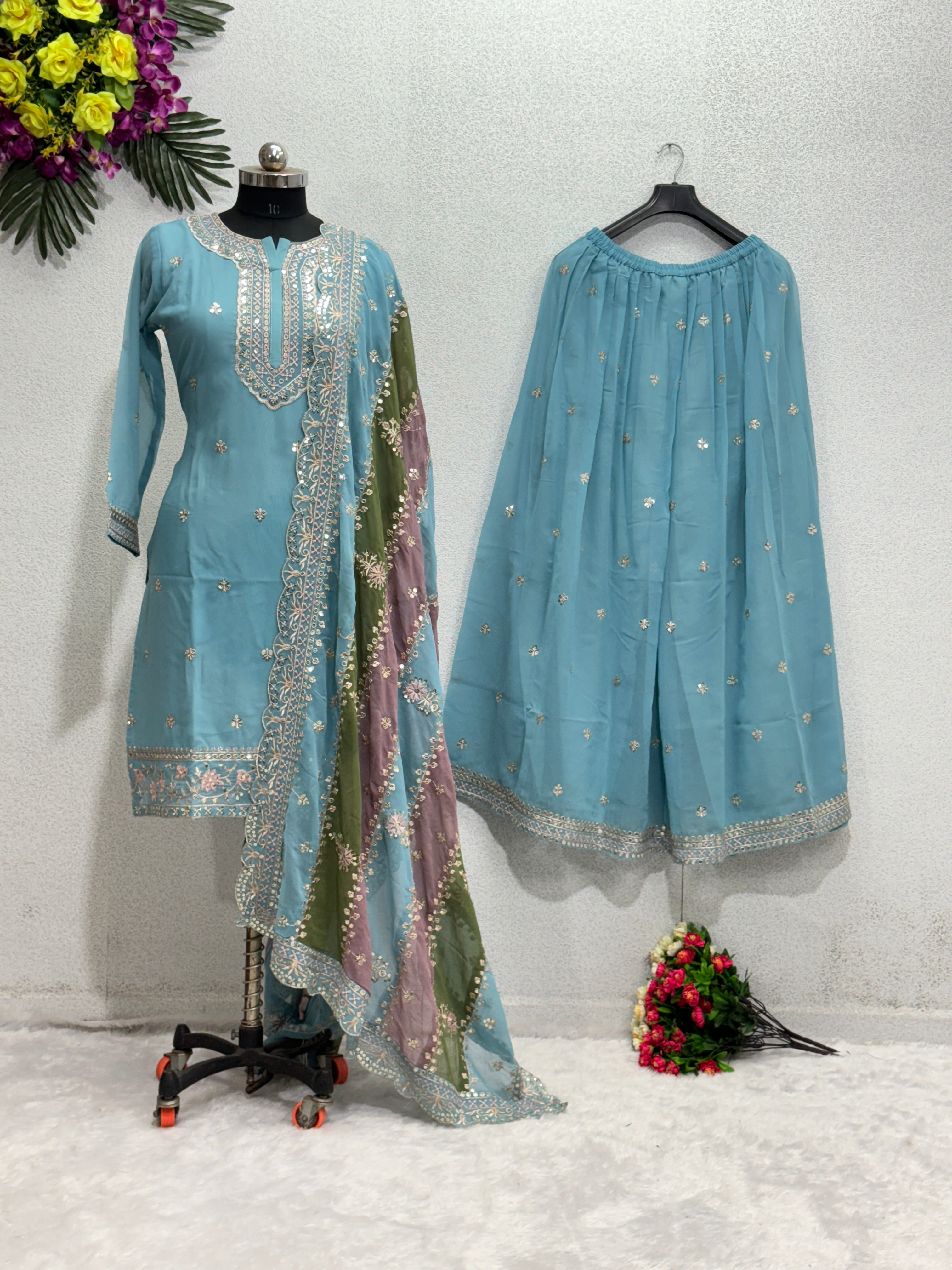 Designer Party Wear Top And Plazzo With Dupatta With Sequence Work