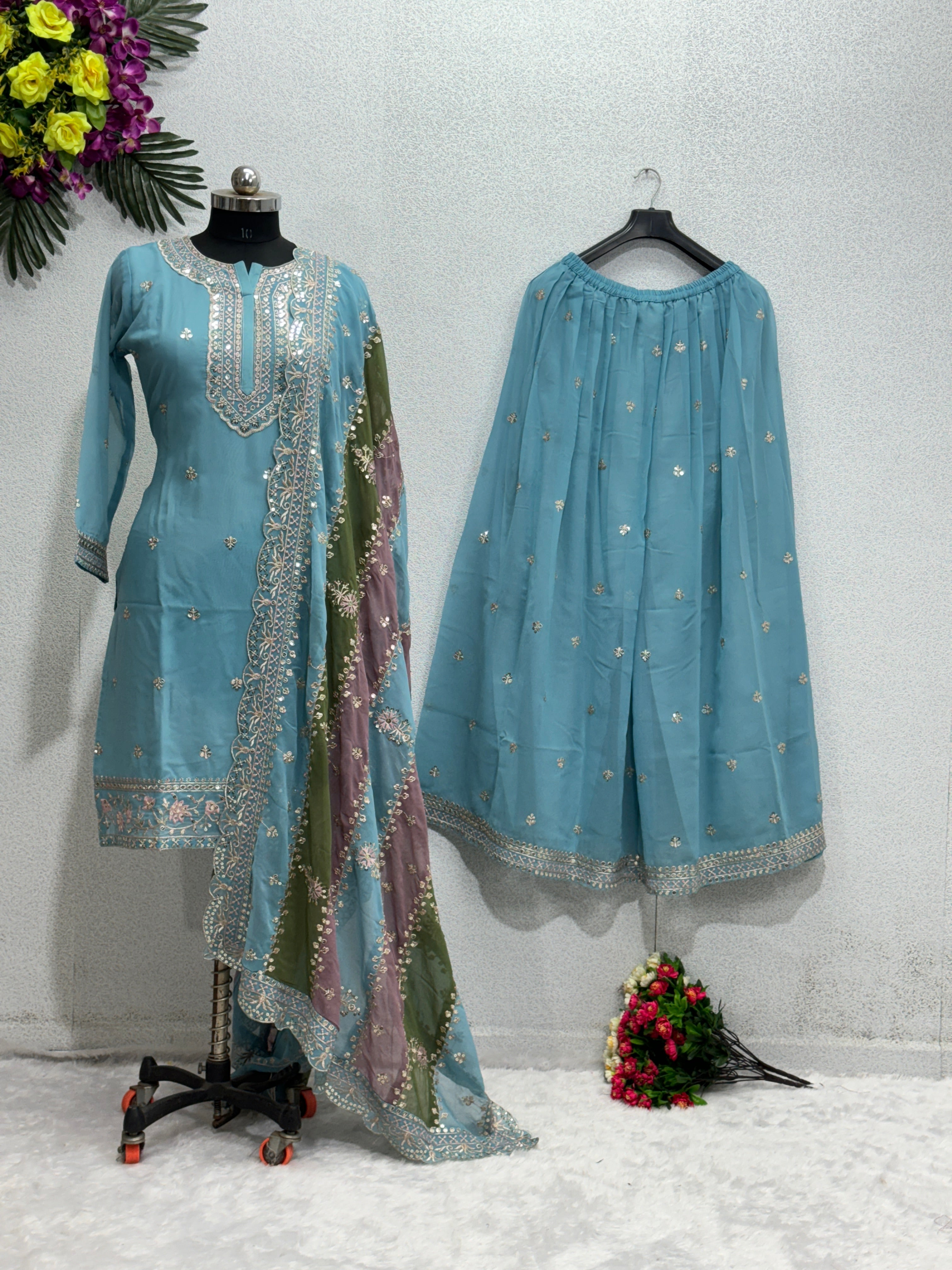 Designer Party Wear Top And Plazzo With Dupatta With Sequence Work