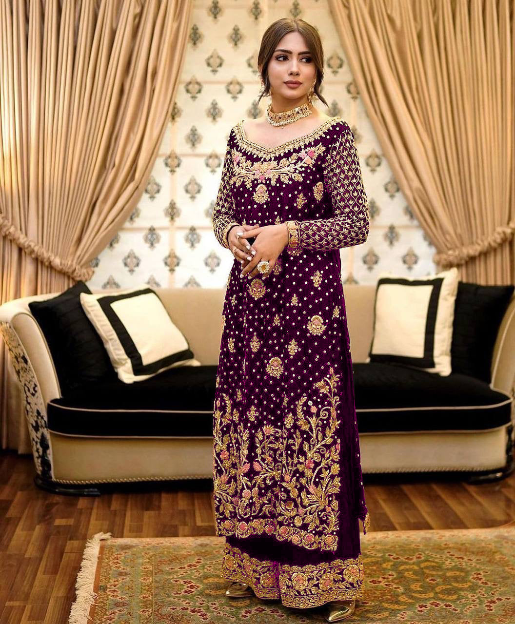 Designer Top - Plazzo With Dupatta With Embroidery And Riveted Moti Work