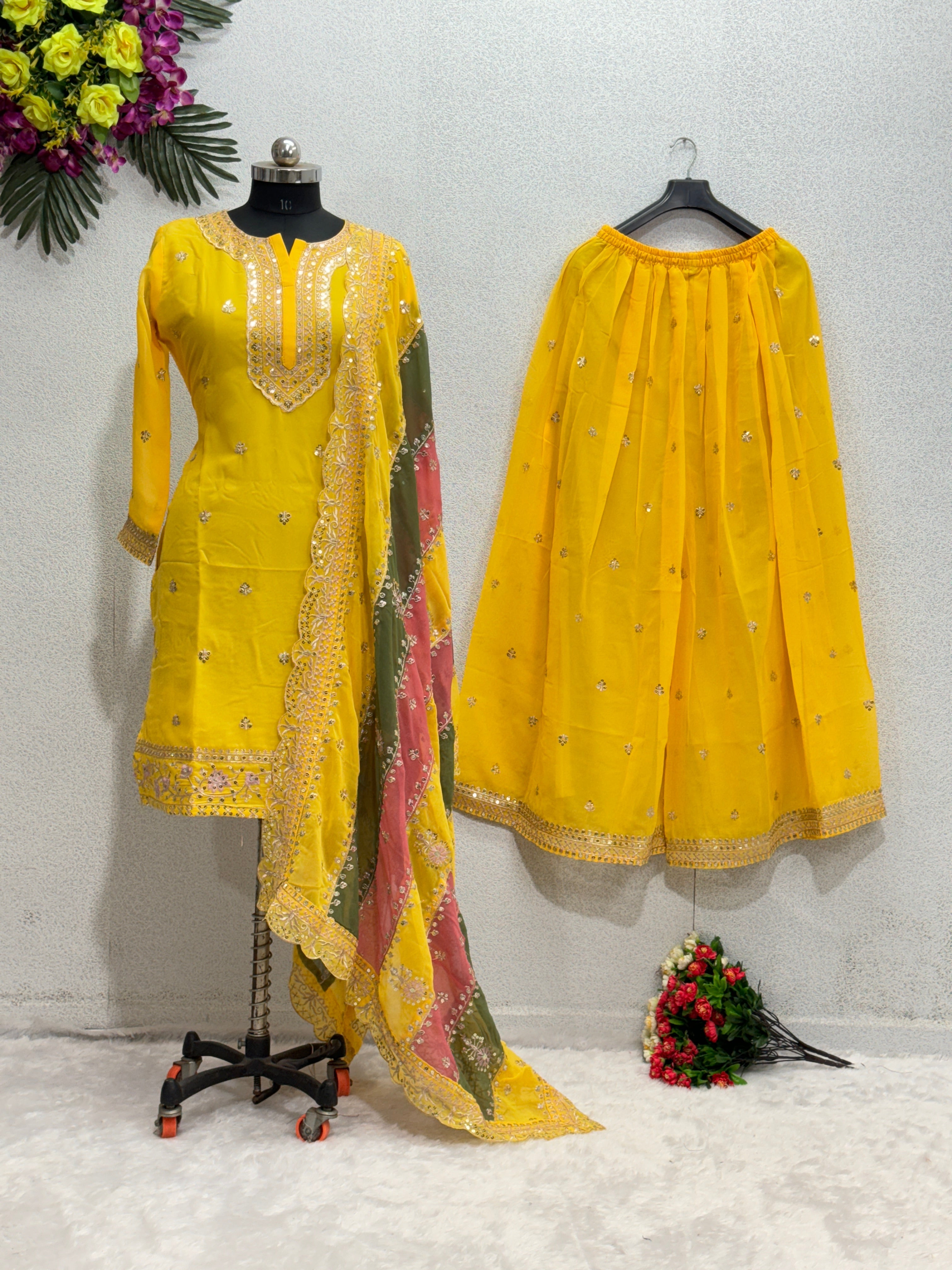 Designer Party Wear Top And Plazzo With Dupatta With Sequence Work