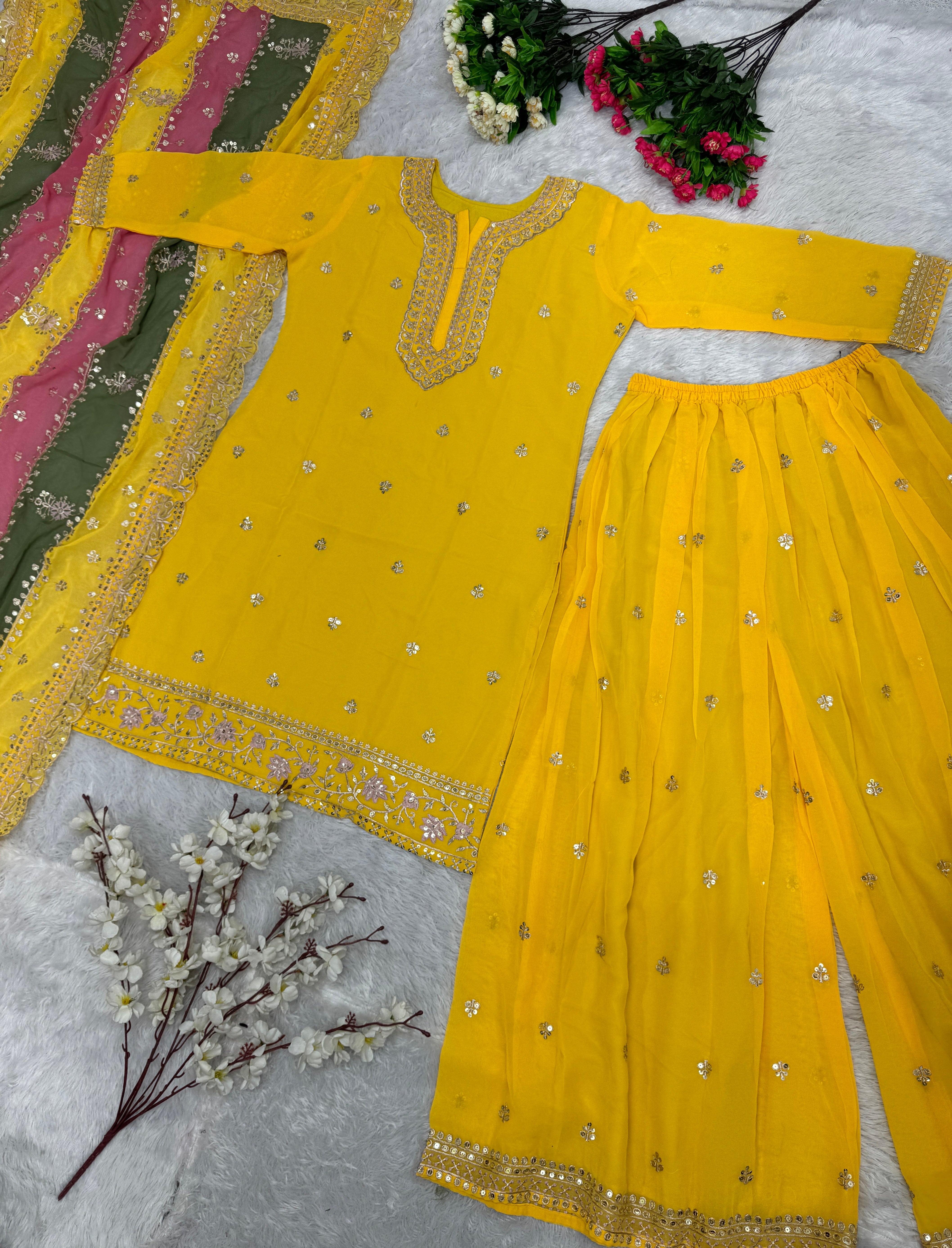 Designer Party Wear Top And Plazzo With Dupatta With Sequence Work