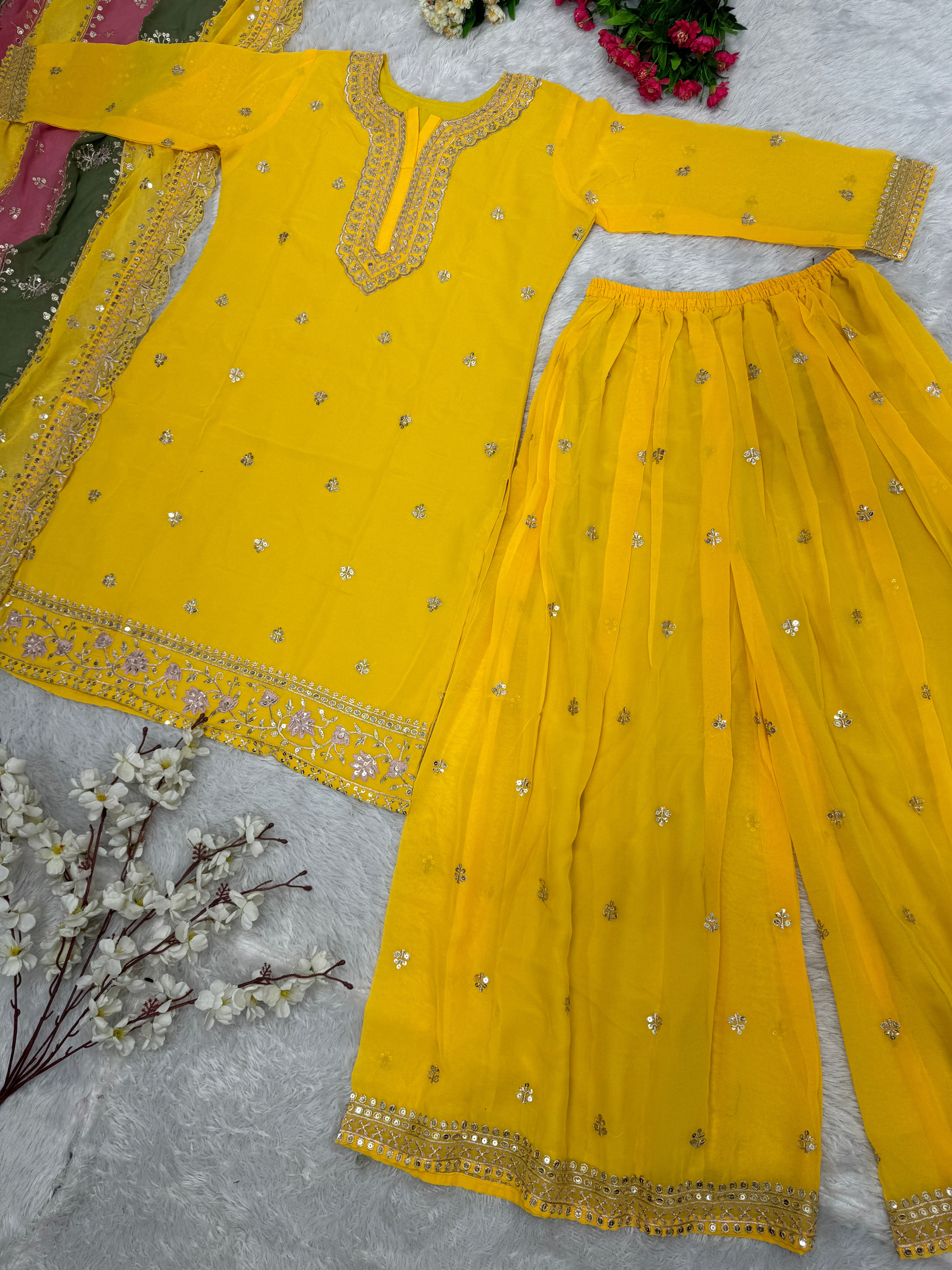 Designer Party Wear Top And Plazzo With Dupatta With Sequence Work