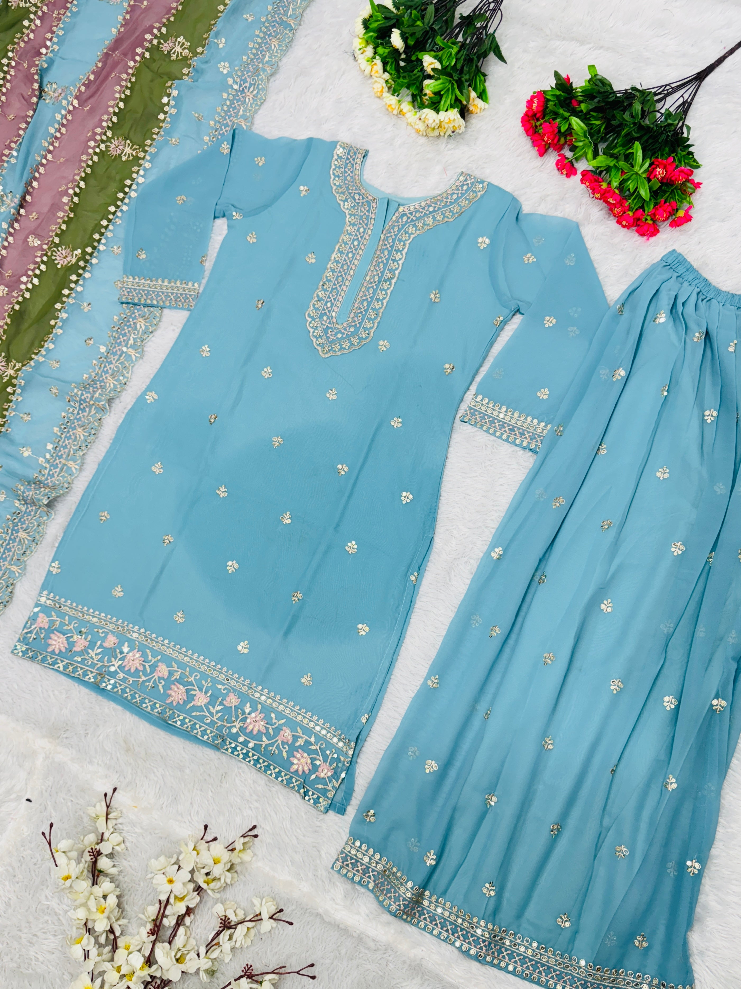 Designer Party Wear Top And Plazzo With Dupatta With Sequence Work