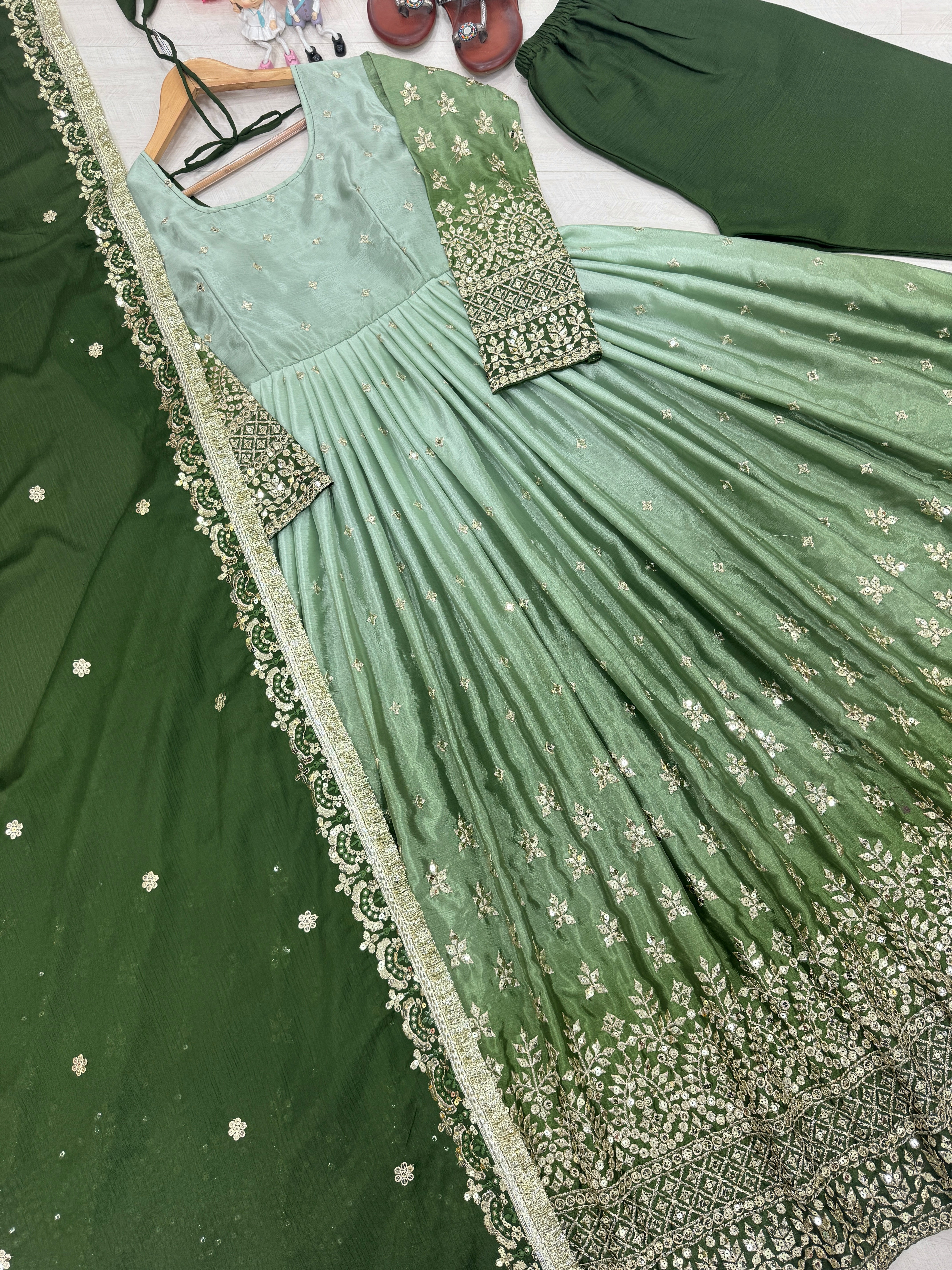 Beautiful Party Wear Look Anarkali Gown, Dupatta & Bottom Set