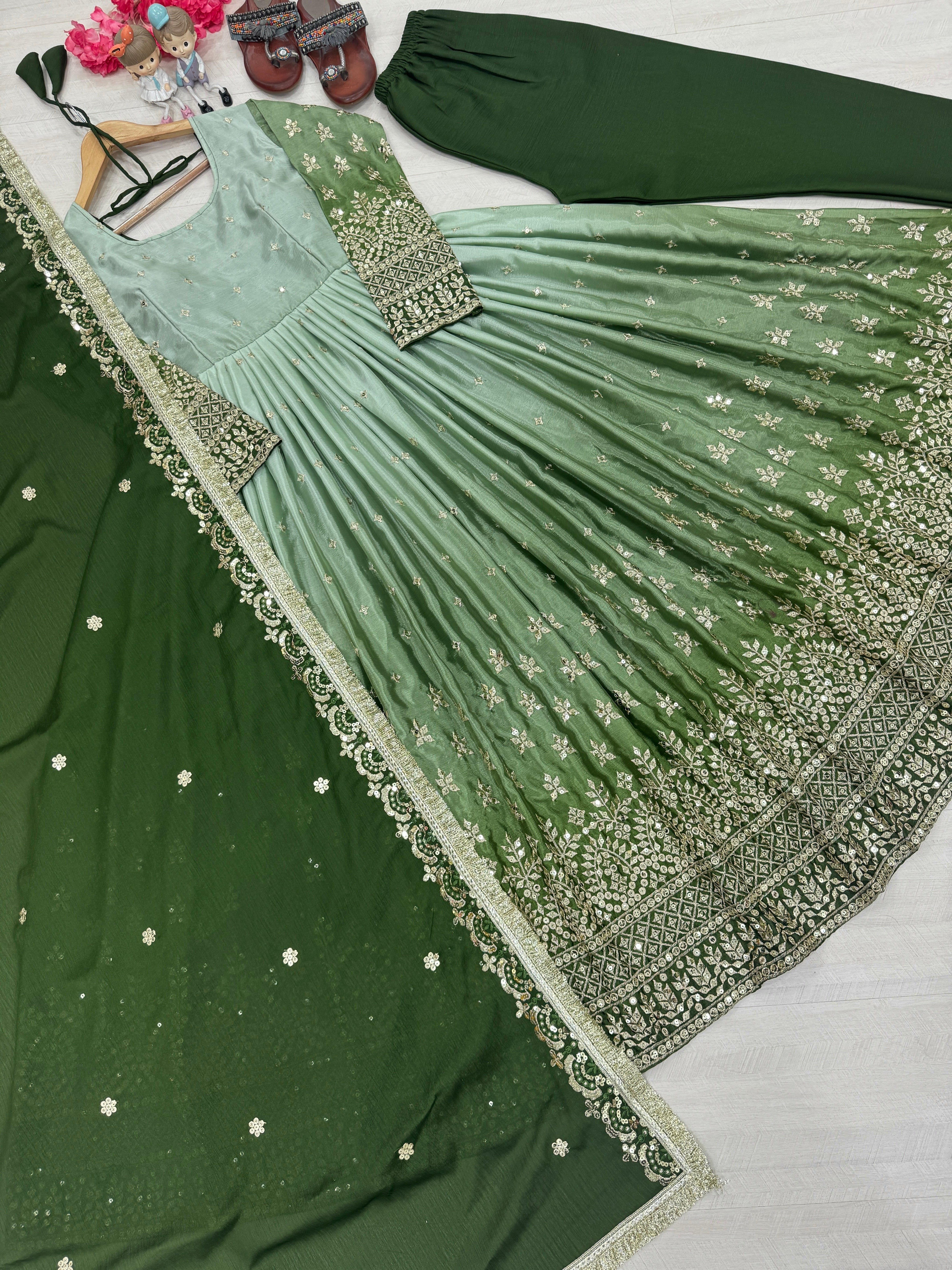 Beautiful Party Wear Look Anarkali Gown, Dupatta & Bottom Set