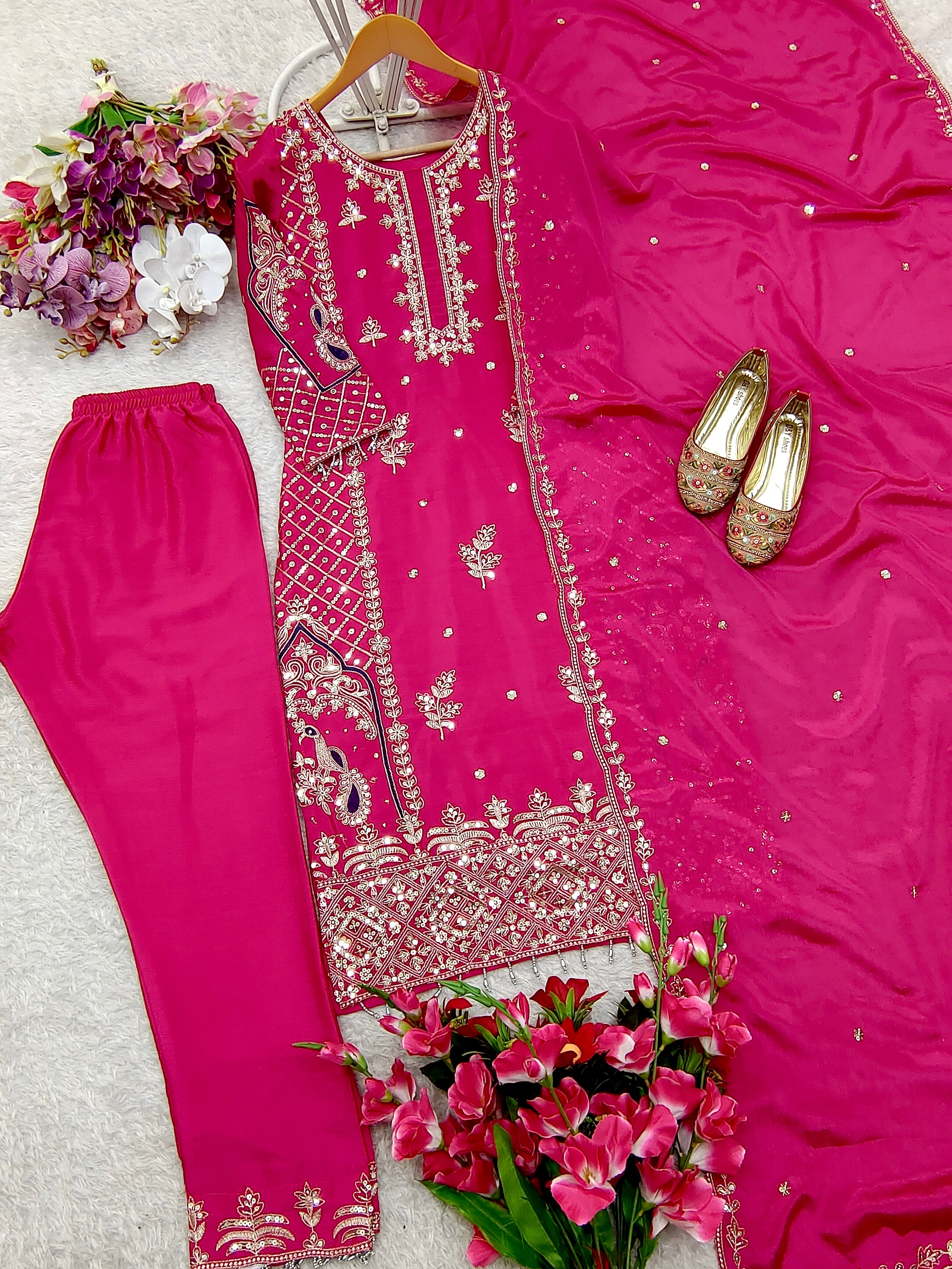 Beautiful Party Wear Top-Pent And Dupatta With Embroidery Sequence Work