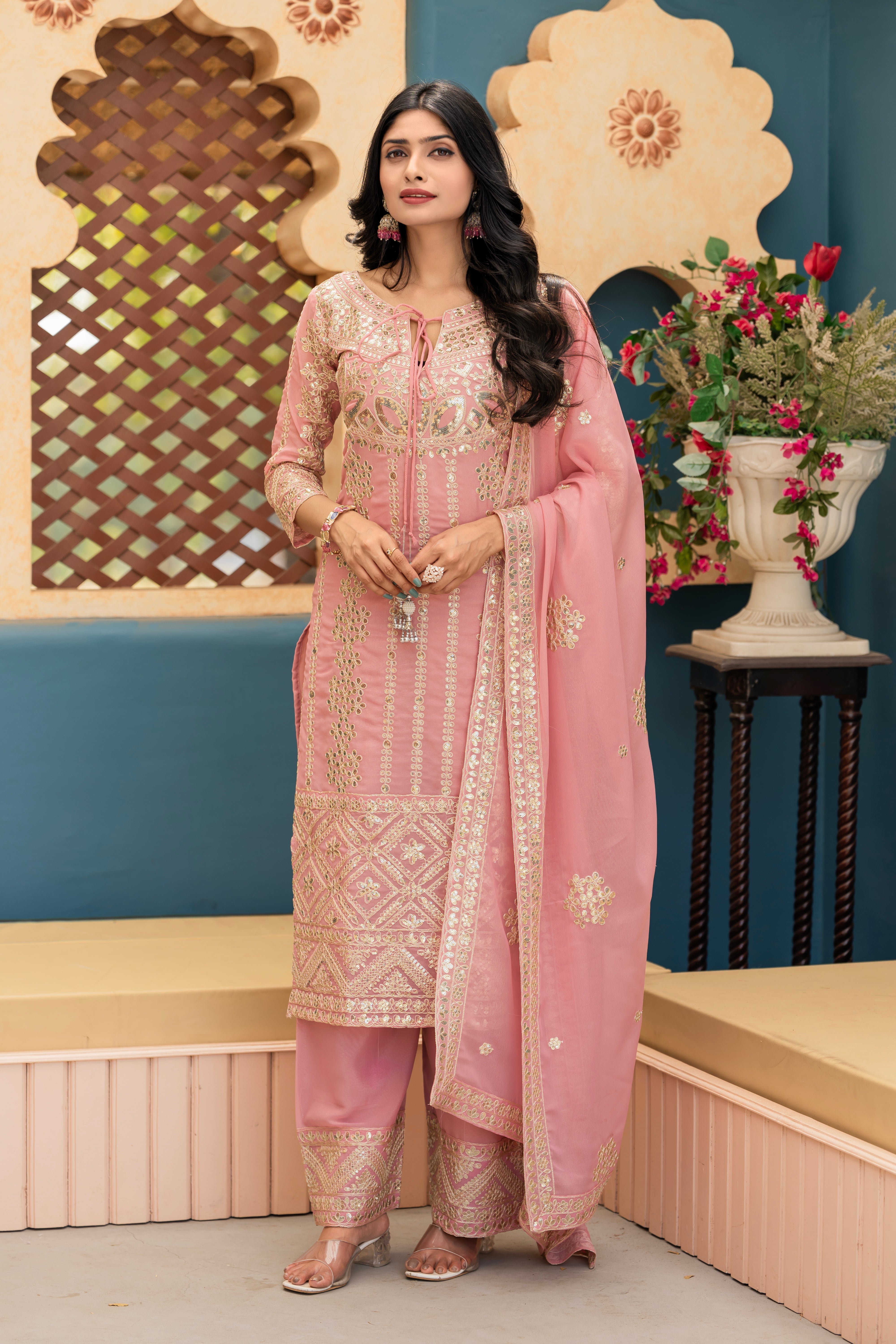 Beautiful Fancy Top Plazzo And Dupatta With Embroidery Work