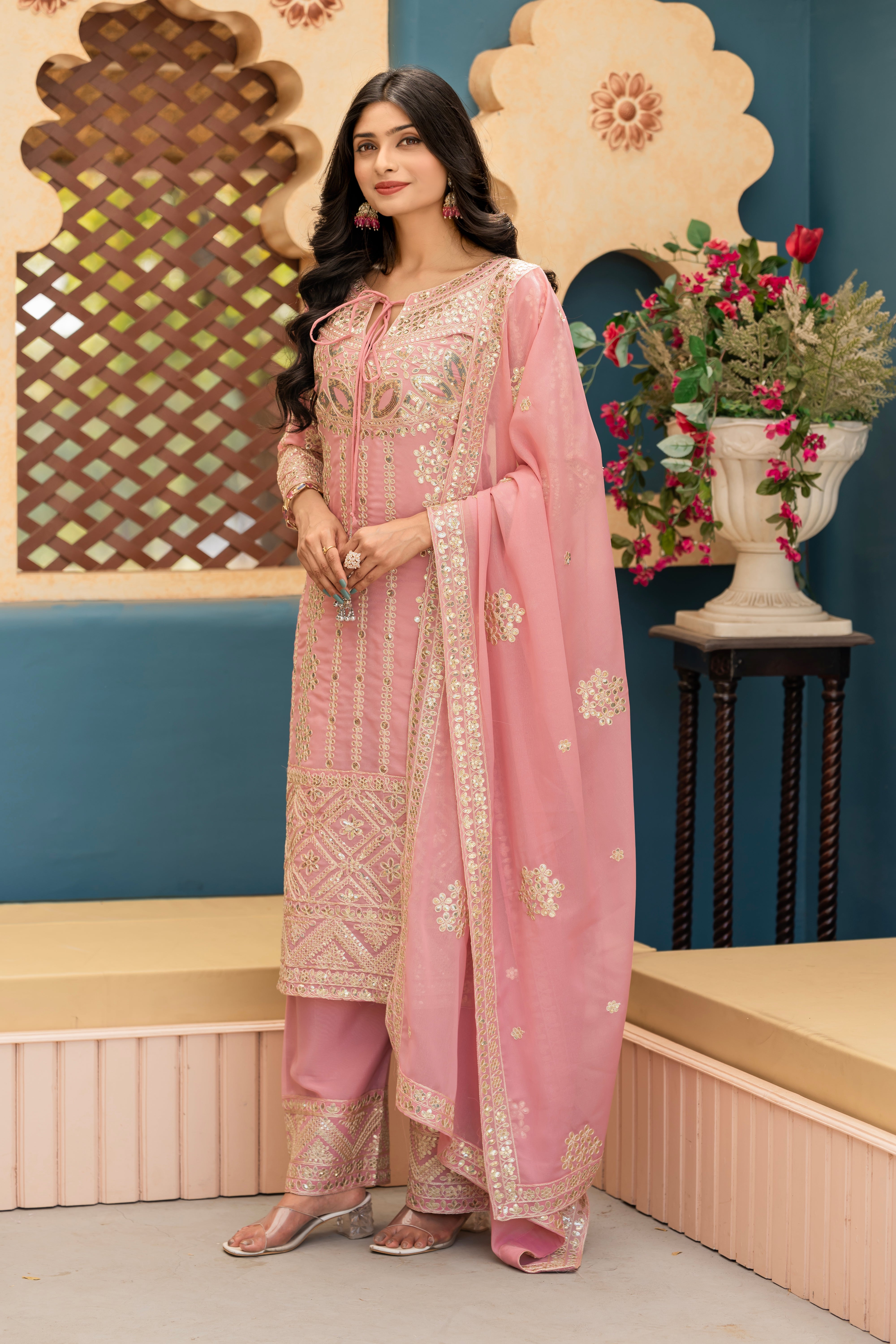 Beautiful Fancy Top Plazzo And Dupatta With Embroidery Work